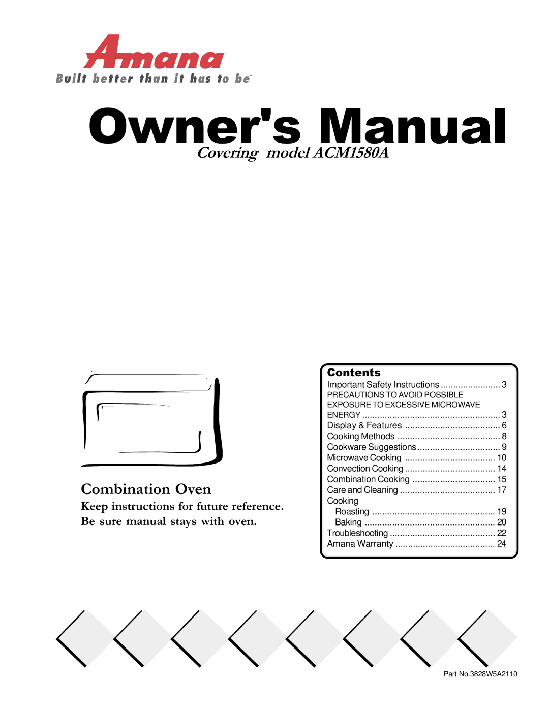 Amana owner manual Covering model ACM1580A Combination Oven, Contents 