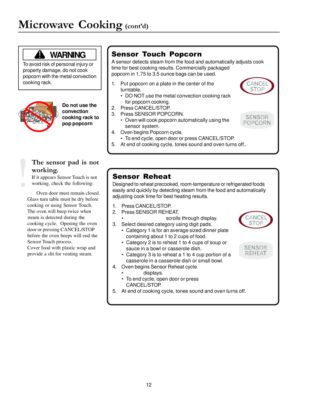 Amana ACM1580A owner manual Sensor Touch Popcorn, Sensor pad is not working, Sensor Reheat 