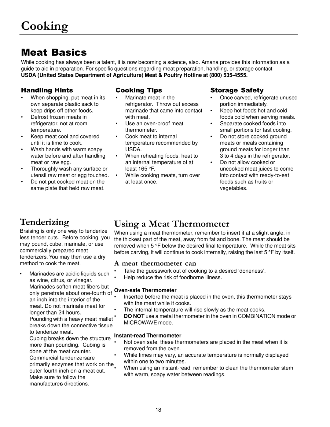 Amana ACM1580A owner manual Cooking, Meat Basics, Tenderizing, Using a Meat Thermometer, Meat thermometer can 