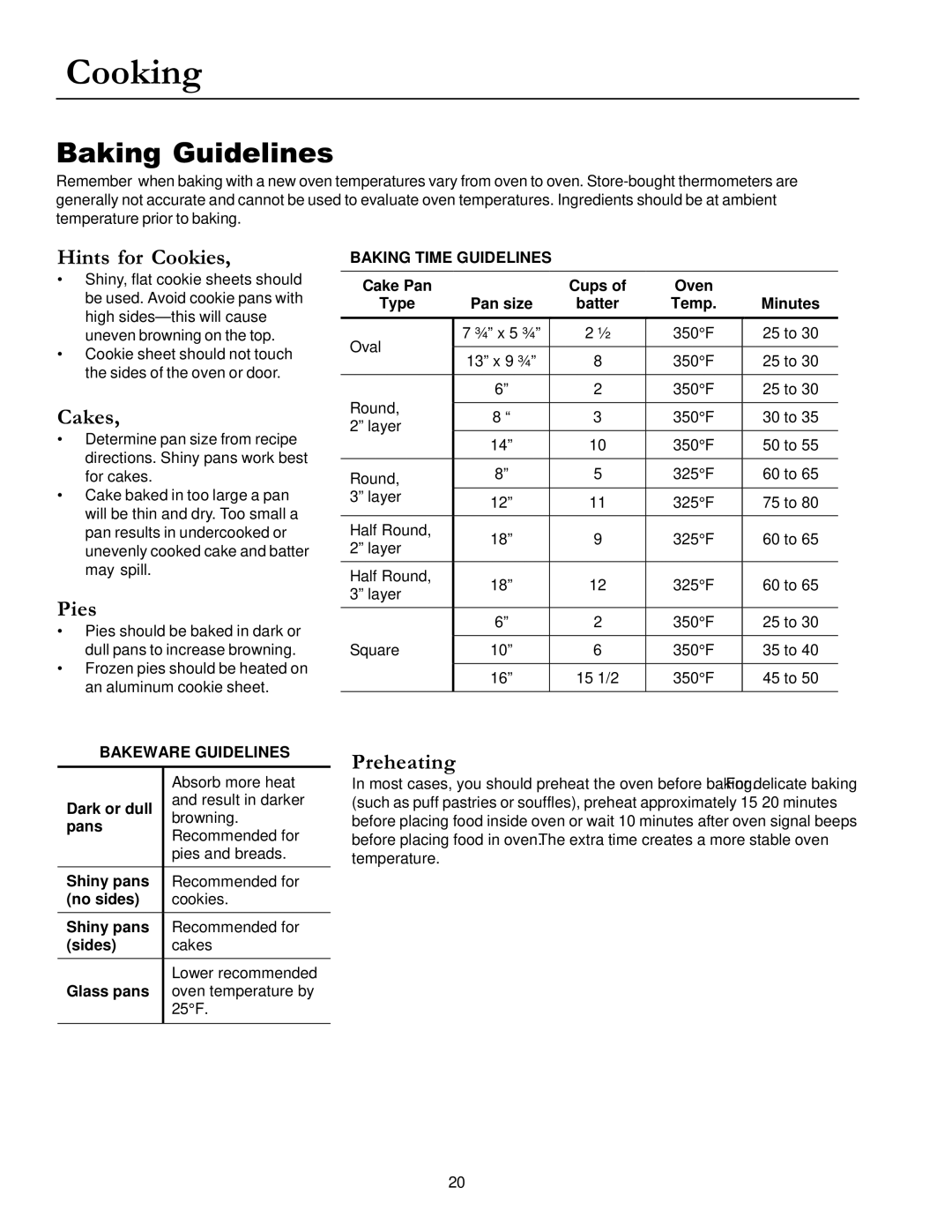 Amana ACM1580A owner manual Baking Guidelines, Hints for Cookies, Cakes, Pies, Preheating 