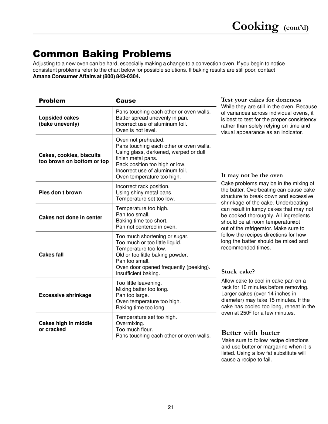 Amana ACM1580A Common Baking Problems, Better with butter, Test your cakes for doneness, It may not be the oven 