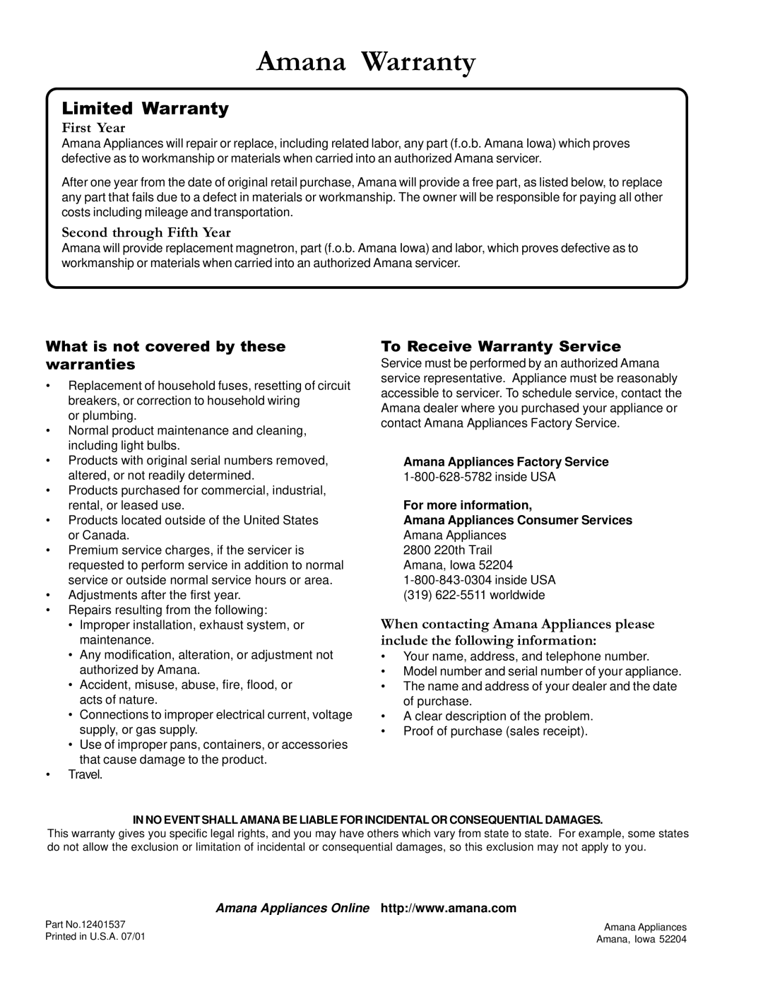 Amana ACM1580A owner manual Amana Warranty, Limited Warranty 