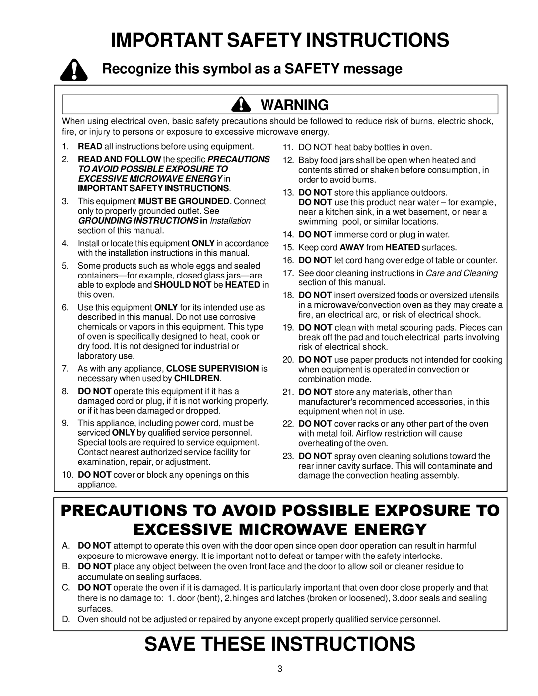 Amana ACM1580A owner manual Important Safety Instructions, Read and Follow the specific Precautions 