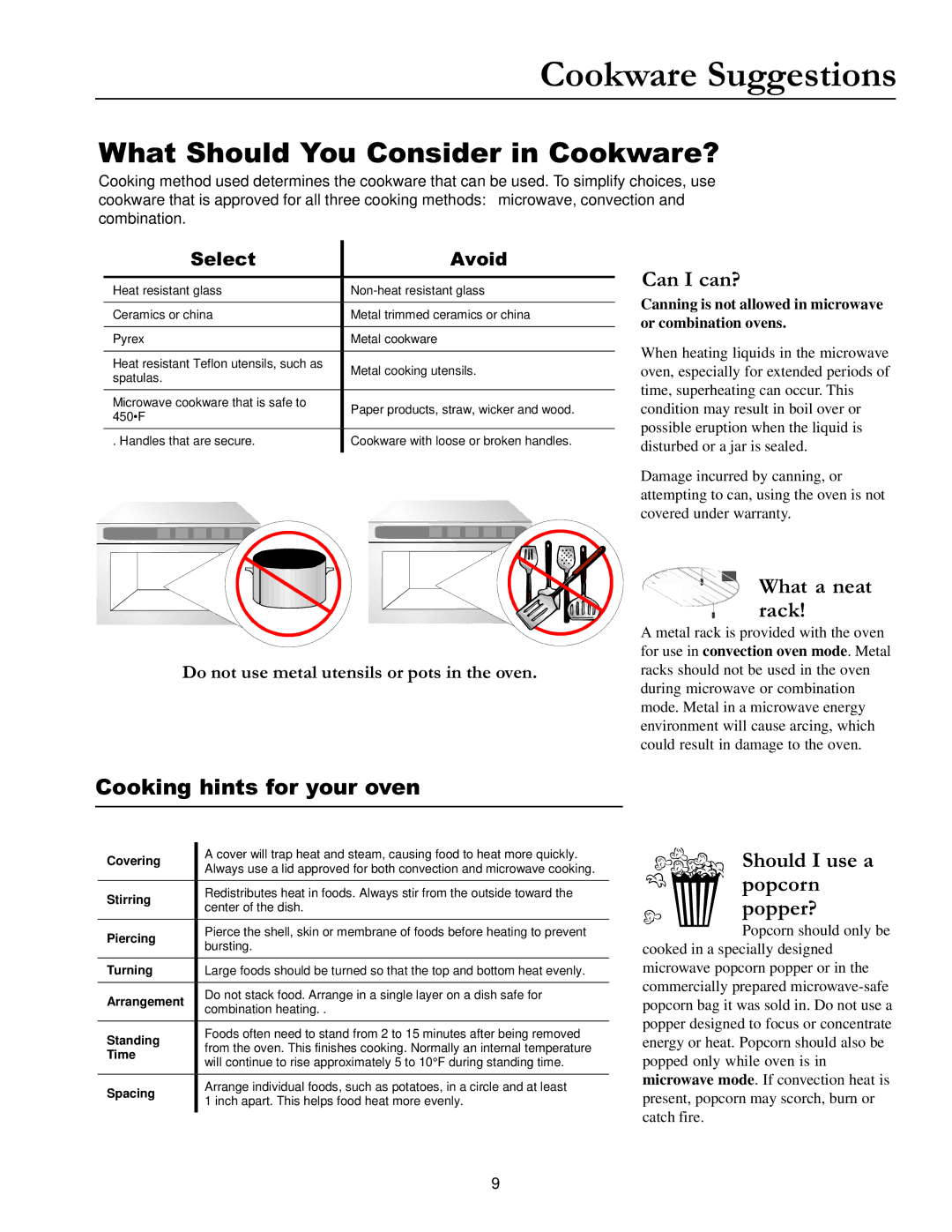 Amana ACM1580A owner manual Cookware Suggestions, What Should You Consider in Cookware? 