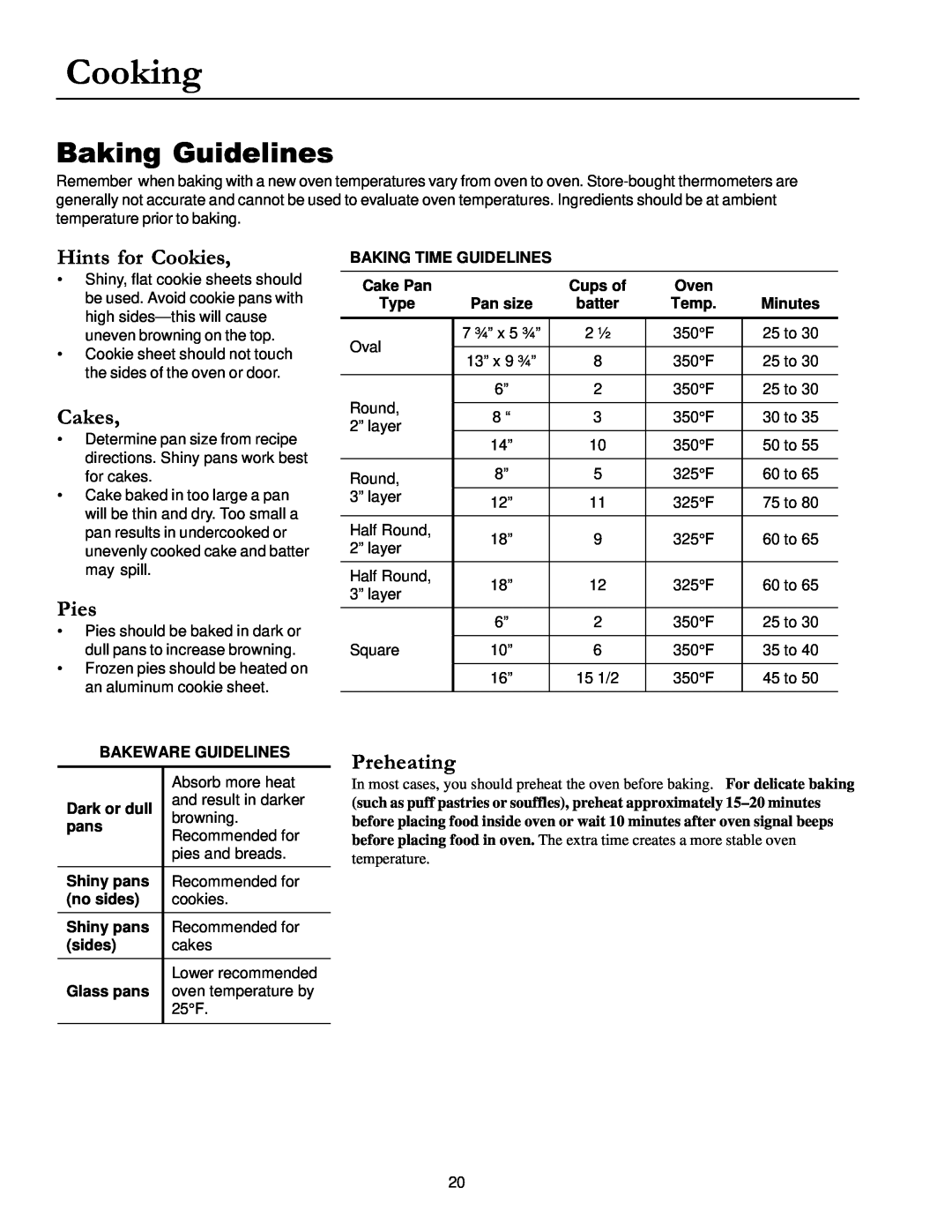 Amana ACM1580A Baking Guidelines, Hints for Cookies, Cakes, Pies, Preheating, Cooking, Bakeware Guidelines, Dark or dull 