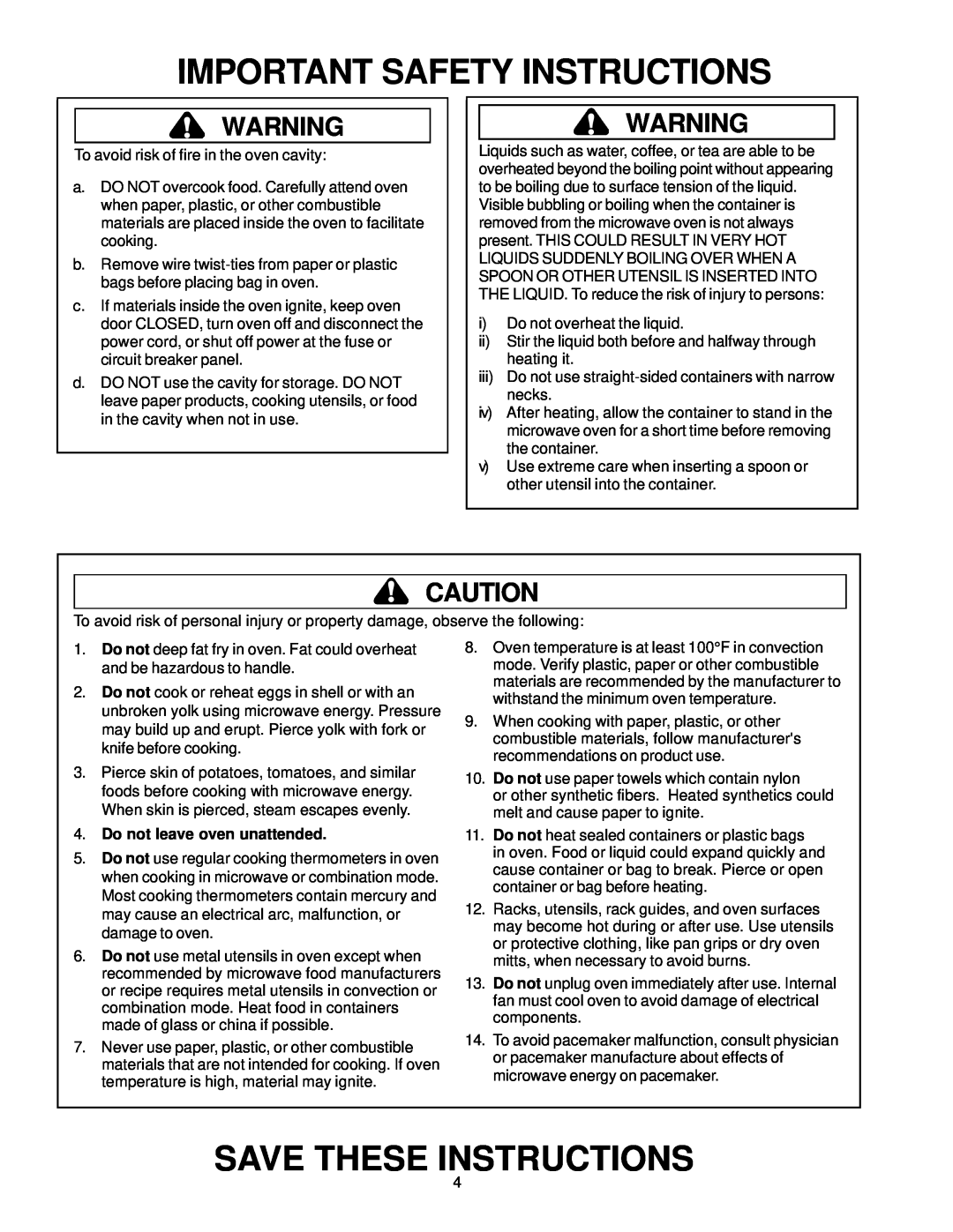 Amana ACM1580A owner manual Important Safety Instructions, Save These Instructions, Do not leave oven unattended 