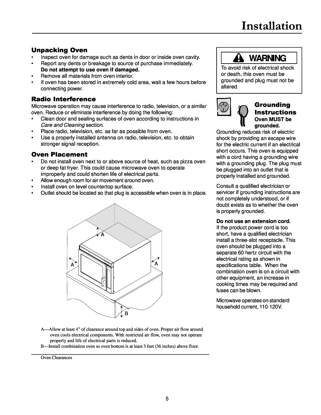 Amana ACM1580A owner manual Installation, Unpacking Oven, Radio Interference, Oven Placement, Grounding Instructions 