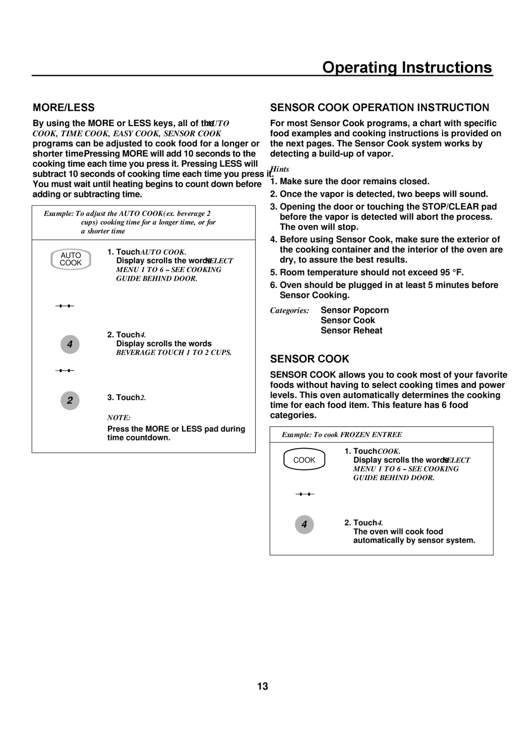 Amana ACM1460A, ACM2160A operating instructions More/Less, Sensor Cook Operation Instruction, Hints 