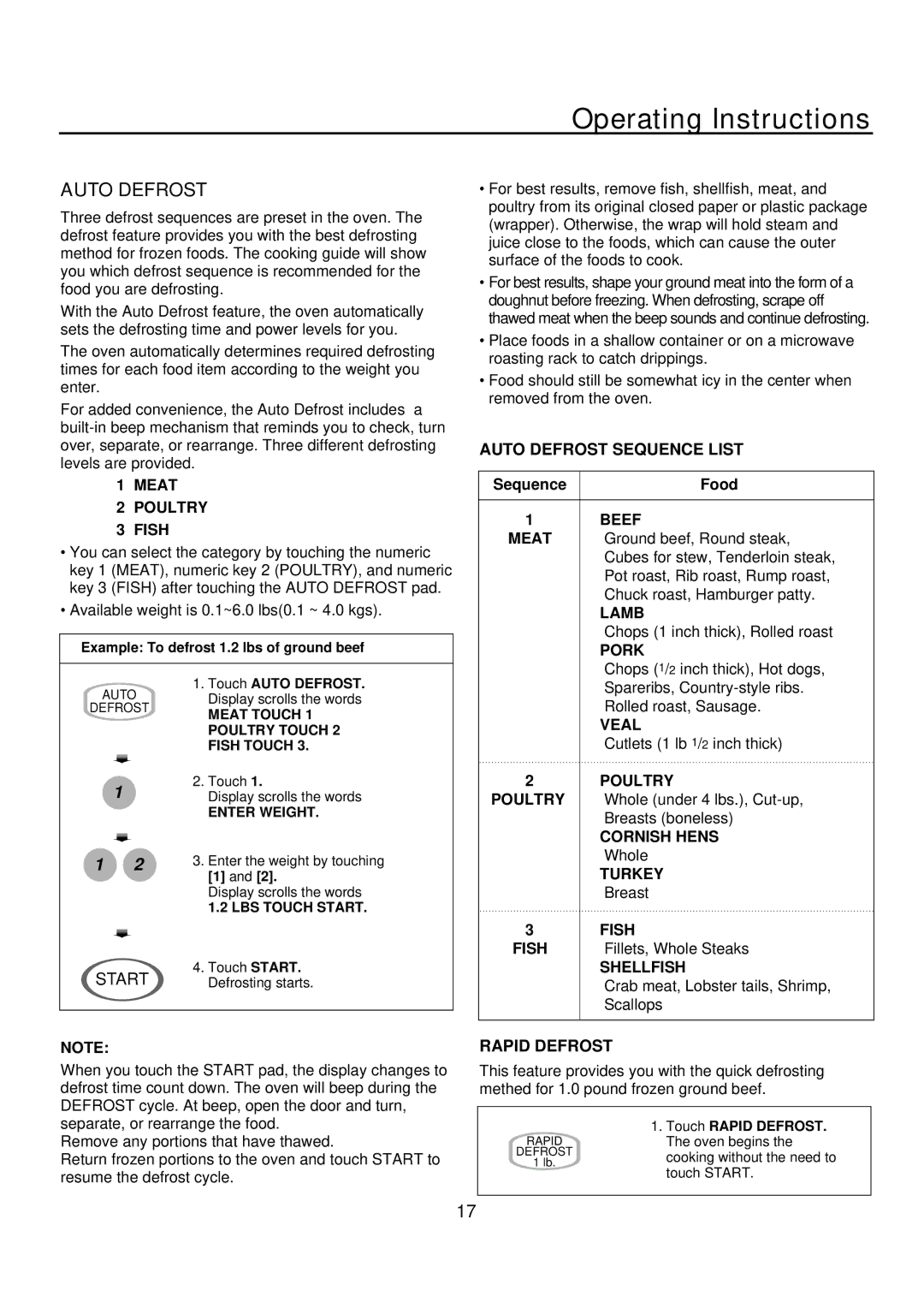 Amana ACM1460A, ACM2160A operating instructions Auto Defrost, Sequence Food 