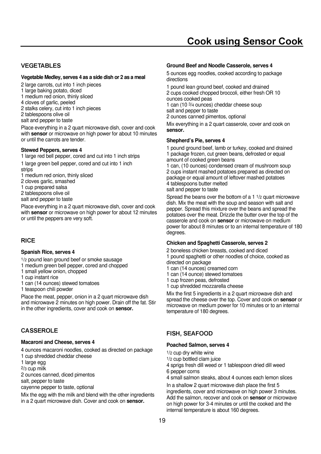 Amana ACM1460A, ACM2160A operating instructions Cook using Sensor Cook 