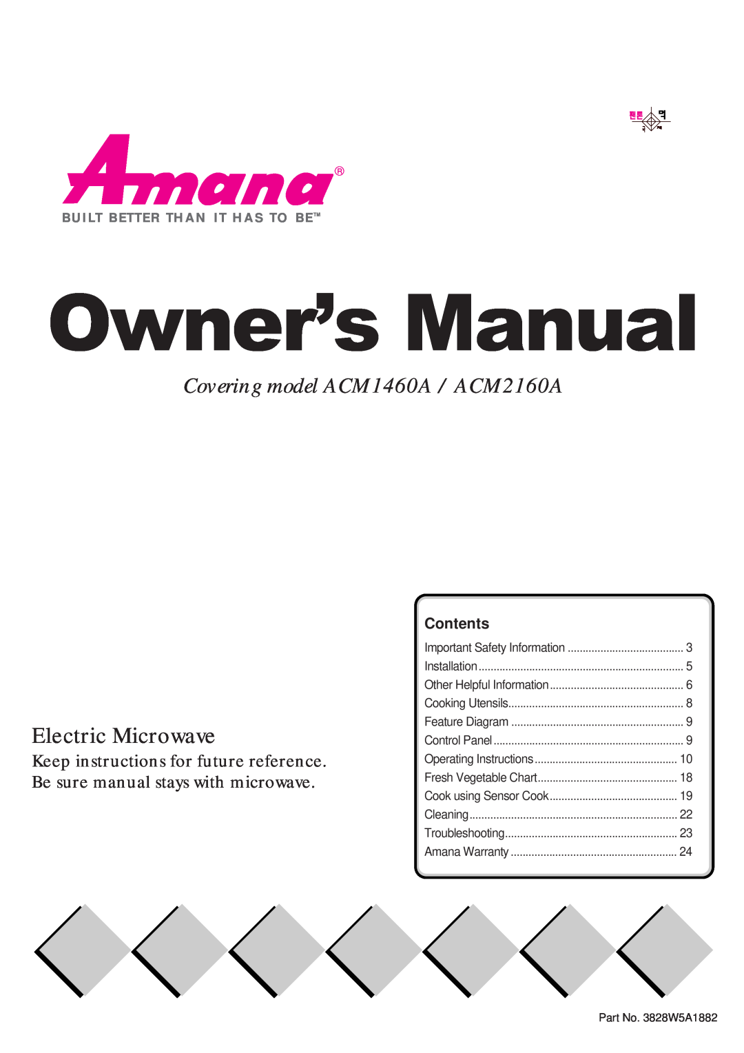 Amana operating instructions Covering model ACM1460A / ACM2160A, Electric Microwave, OwnerÕs Manual, Contents, Cleaning 