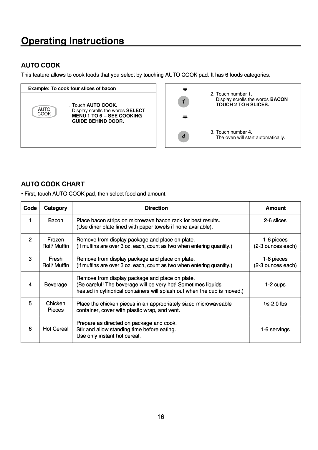 Amana ACM2160A, ACM1460A Auto Cook Chart, Operating Instructions, AUTO Display scrolls the words SELECT 