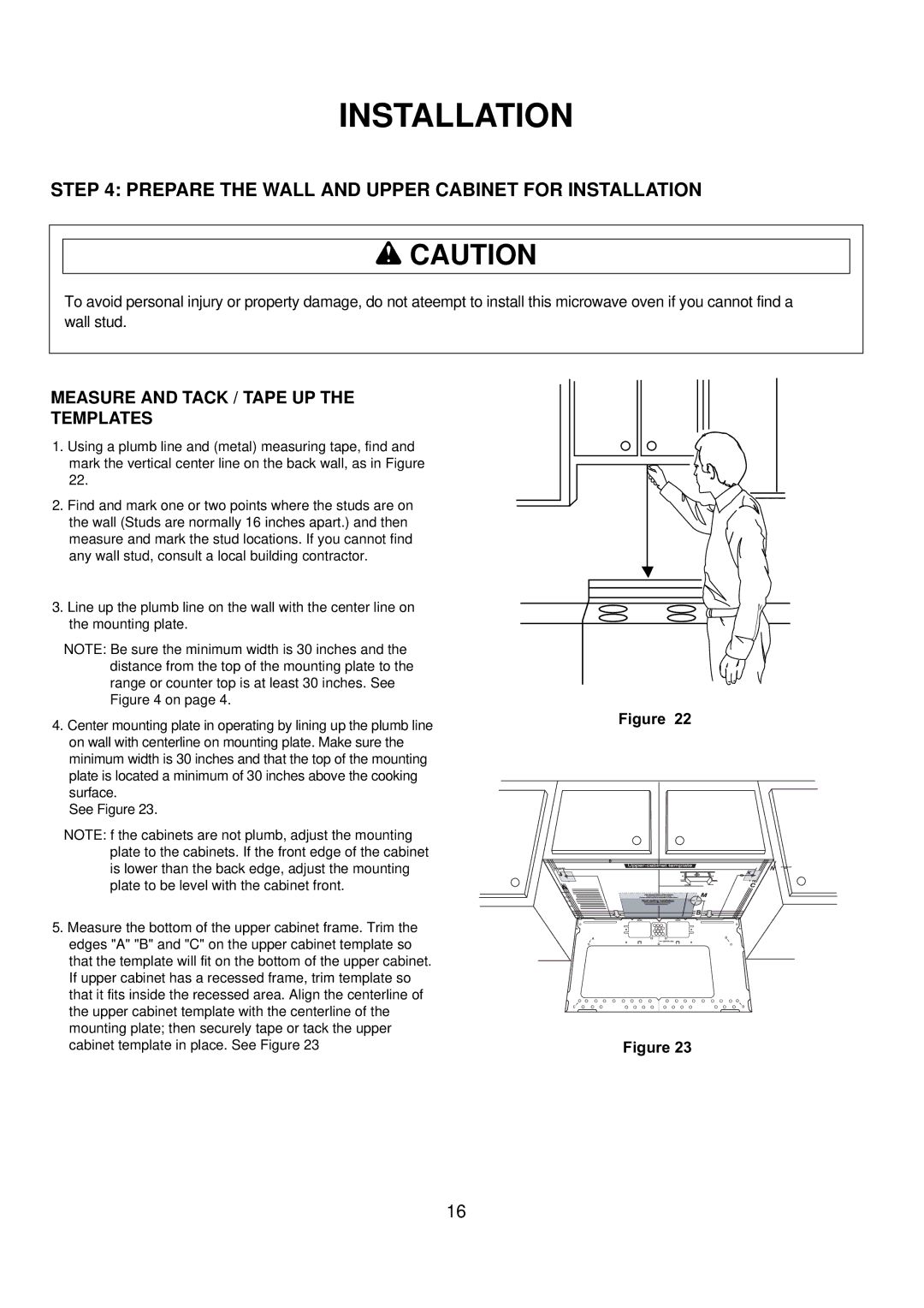 Amana ACO1520A Prepare the Wall and Upper Cabinet for Installation, Measure and Tack / Tape UP the Templates 