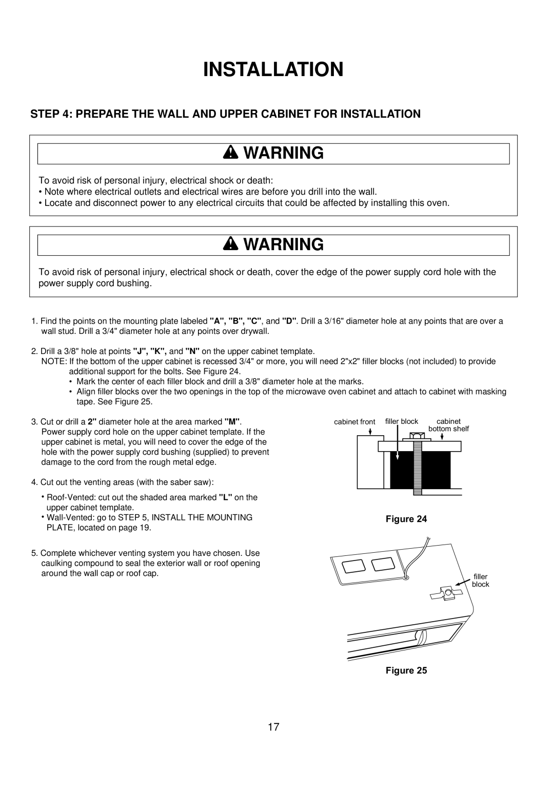 Amana ACO1520A important safety instructions Cabinet front Filler block 