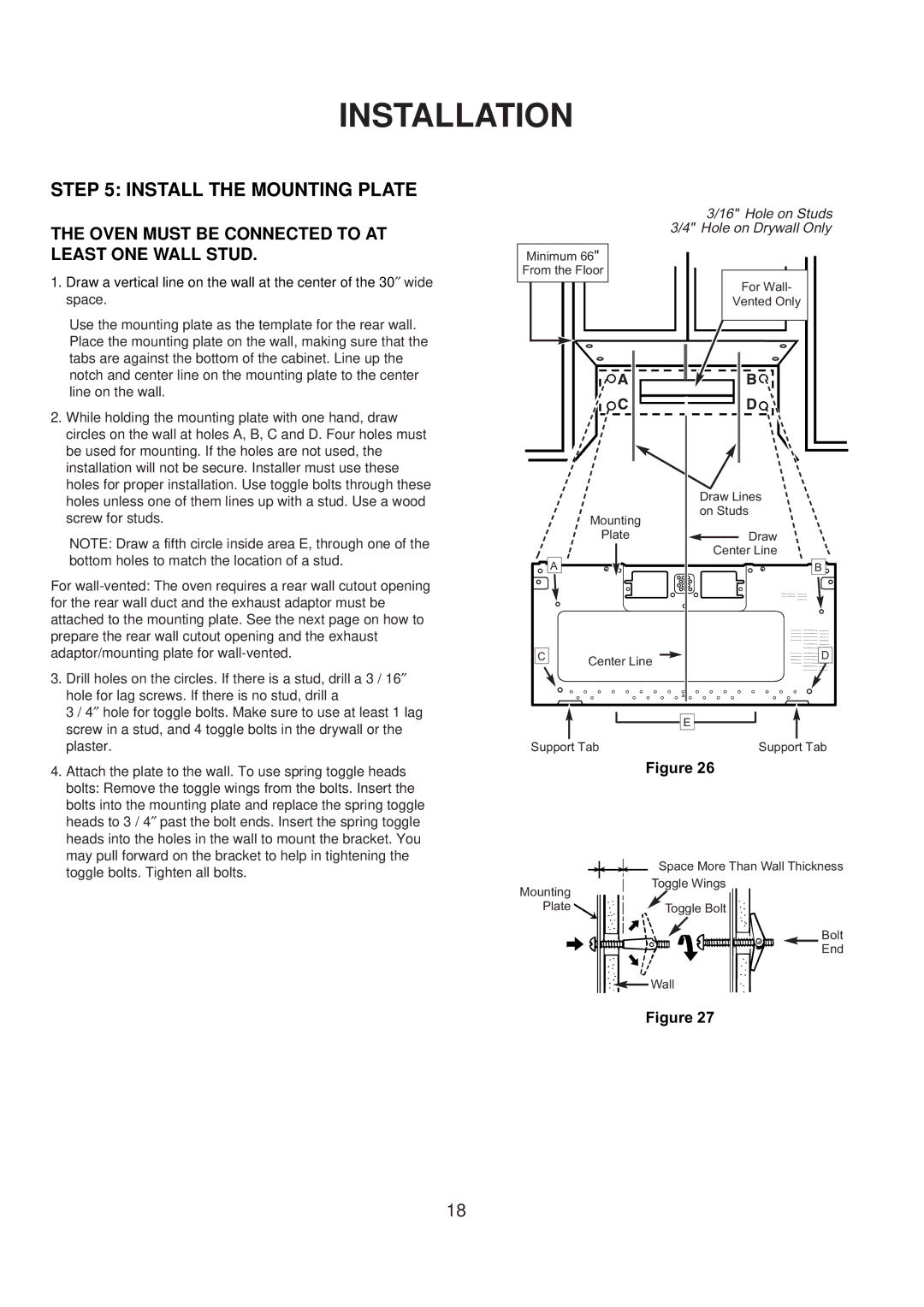 Amana ACO1520A important safety instructions Install the Mounting Plate, Oven Must be Connected to AT Least ONE Wall Stud 