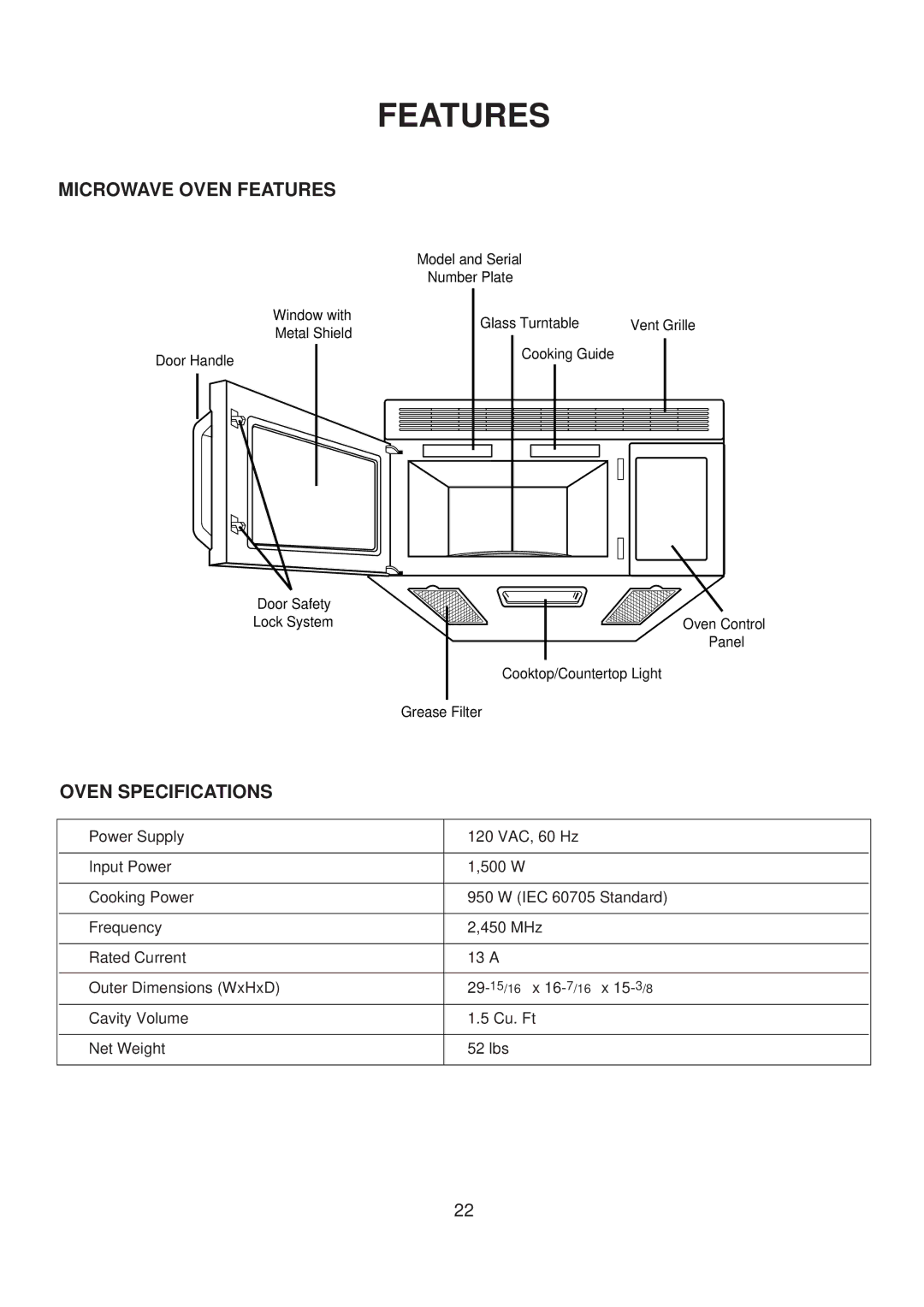 Amana ACO1520A important safety instructions Microwave Oven Features, Oven Specifications 