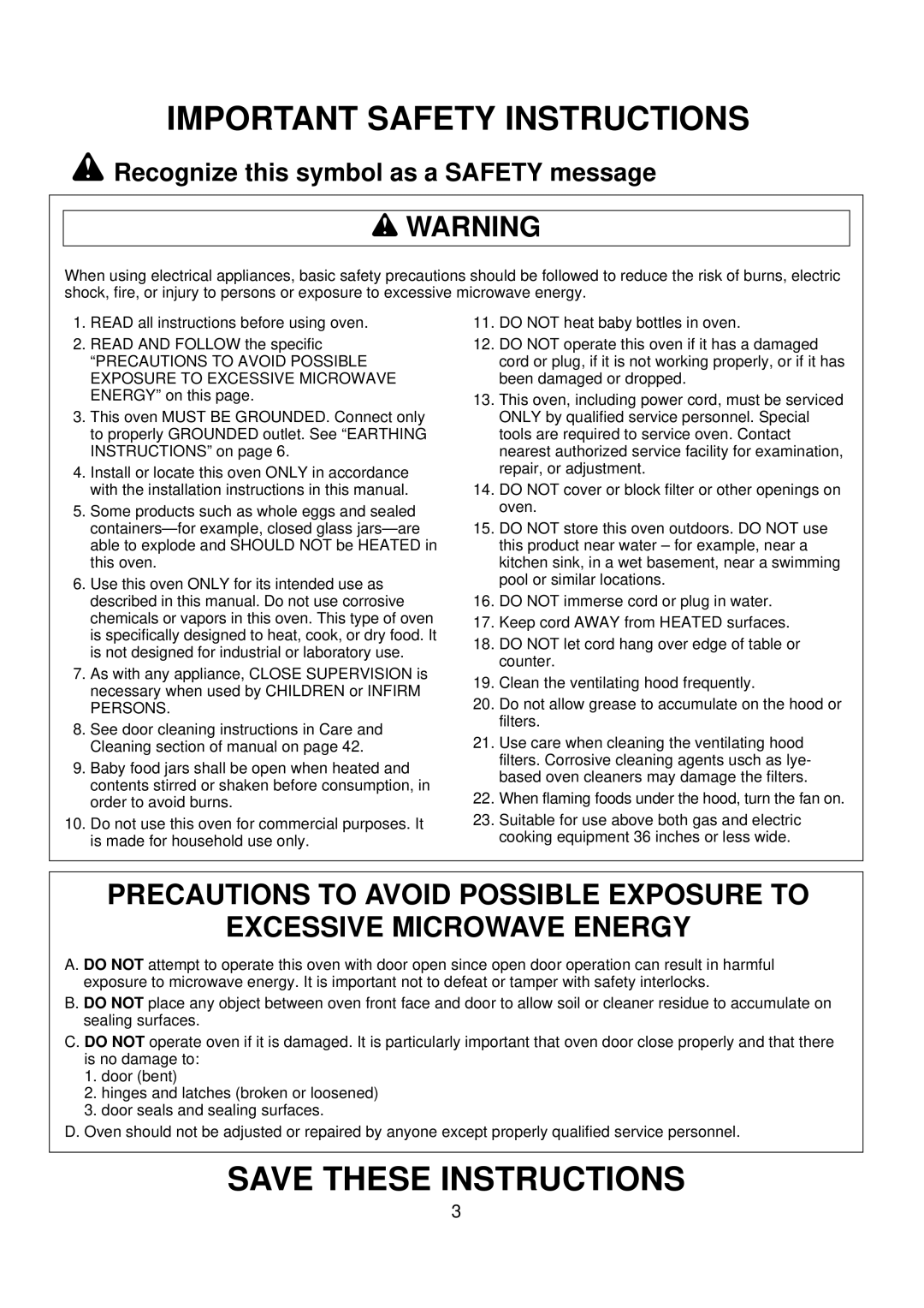 Amana ACO1520A important safety instructions Important Safety Instructions, Recognize this symbol as a Safety message 