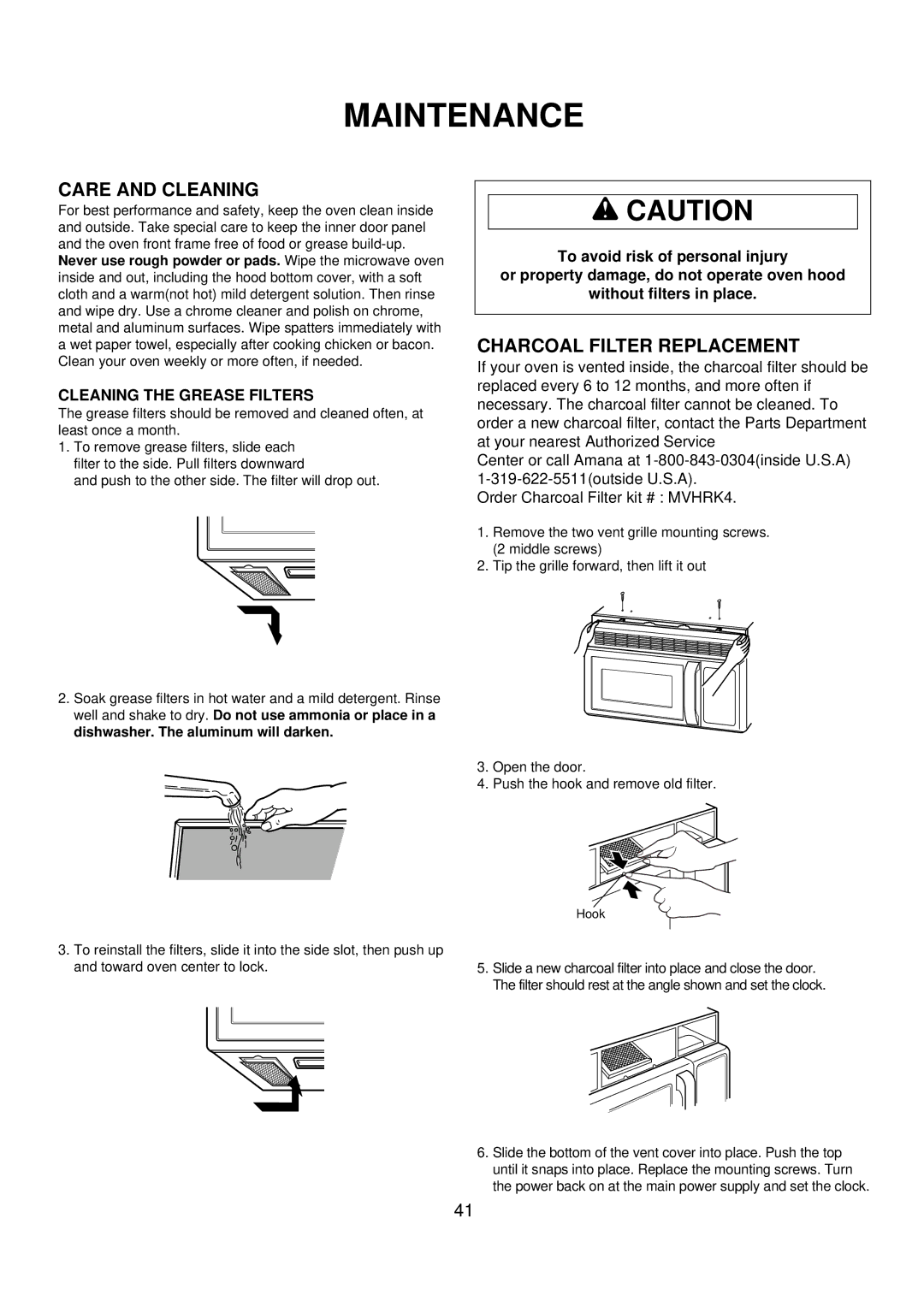 Amana ACO1520A Maintenance, Care and Cleaning, Charcoal Filter Replacement, Cleaning the Grease Filters 