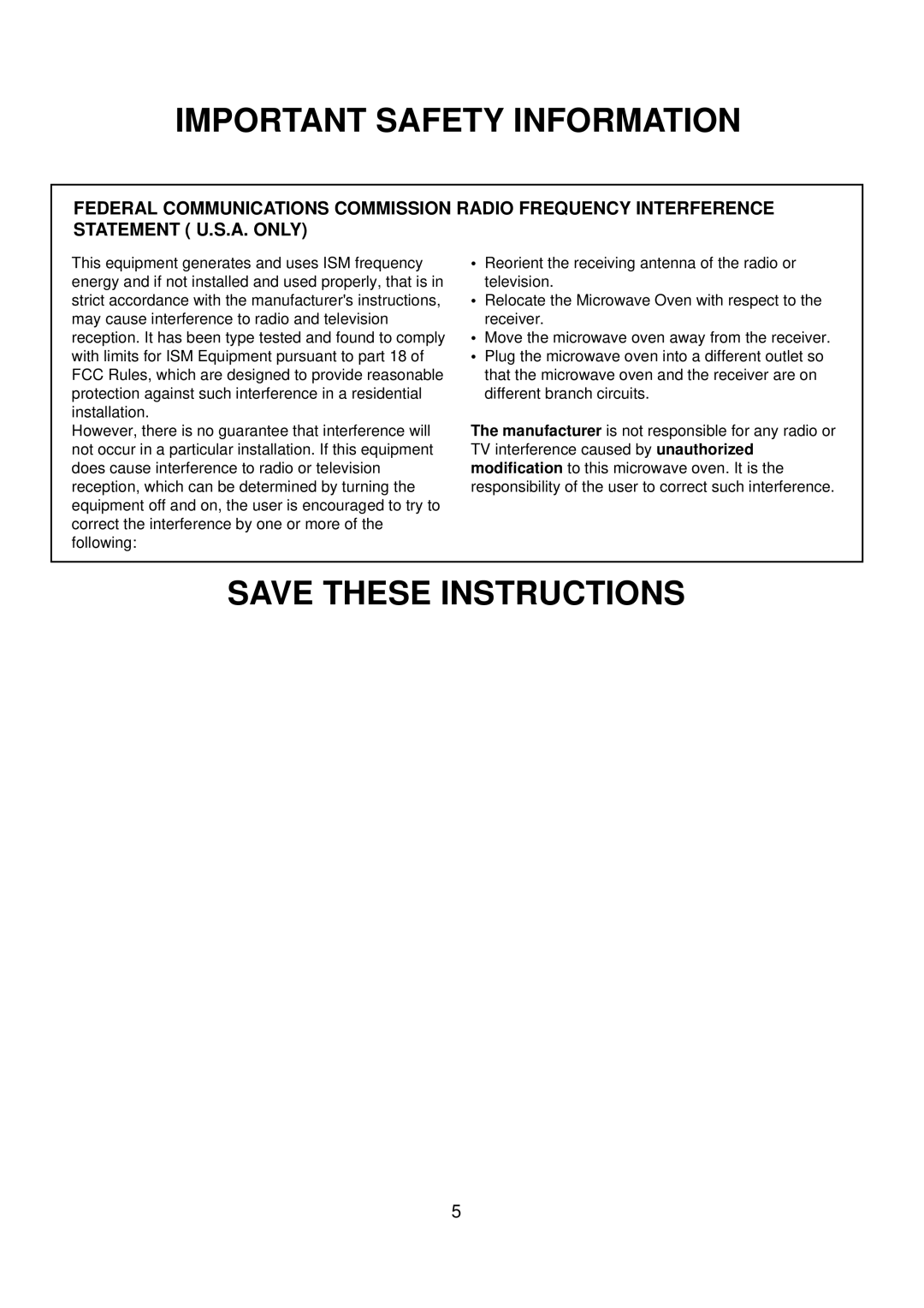 Amana ACO1520A important safety instructions Important Safety Information 