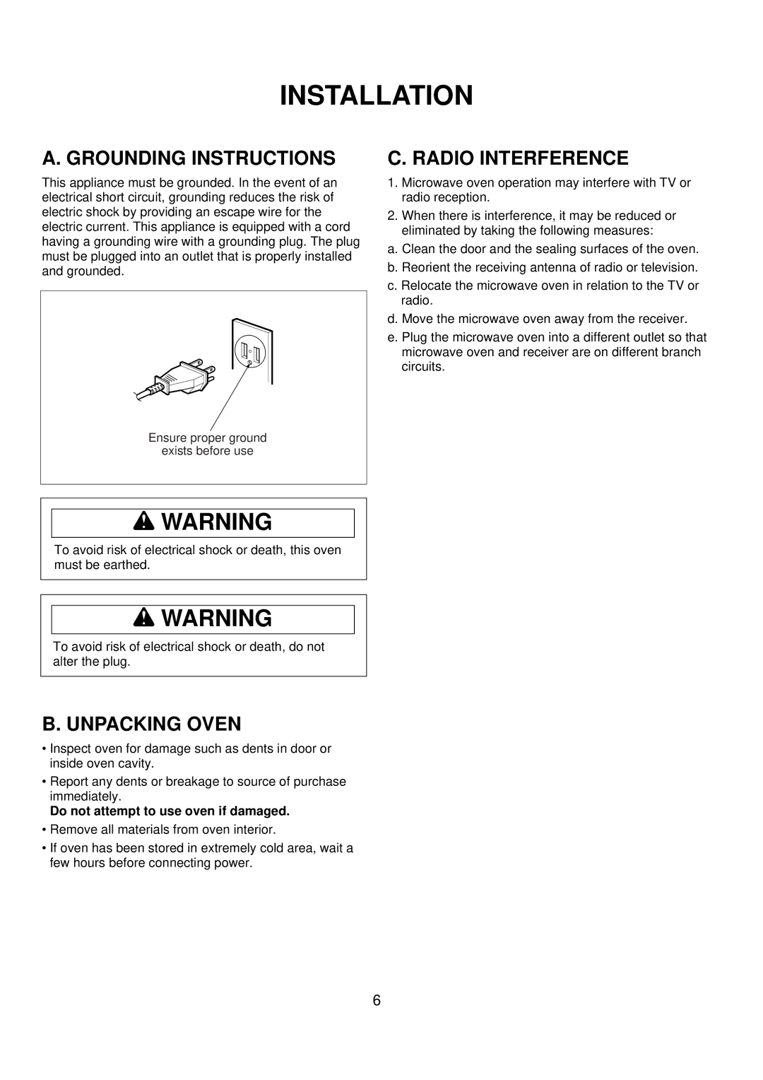 Amana ACO1520A important safety instructions Installation, Do not attempt to use oven if damaged 