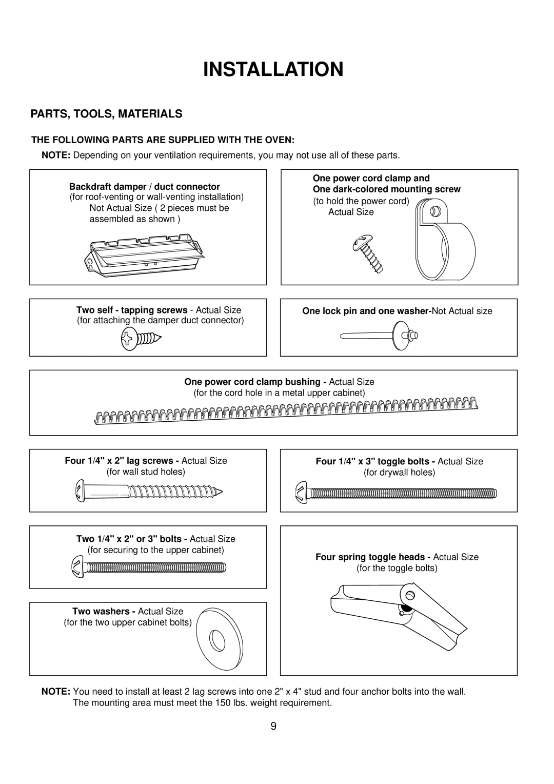 Amana ACO1520A important safety instructions PARTS, TOOLS, Materials, Following Parts are Supplied with the Oven 