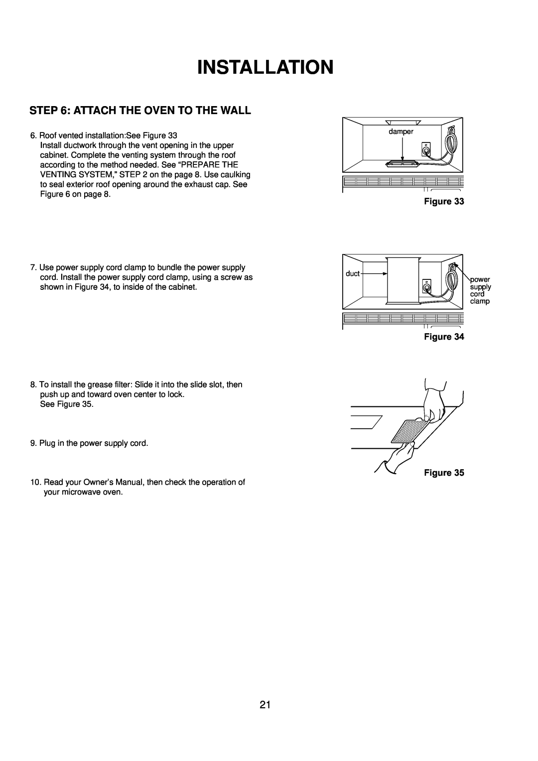 Amana ACO1520A Installation, Attach The Oven To The Wall, Figure Figure, Roof vented installation:See Figure 