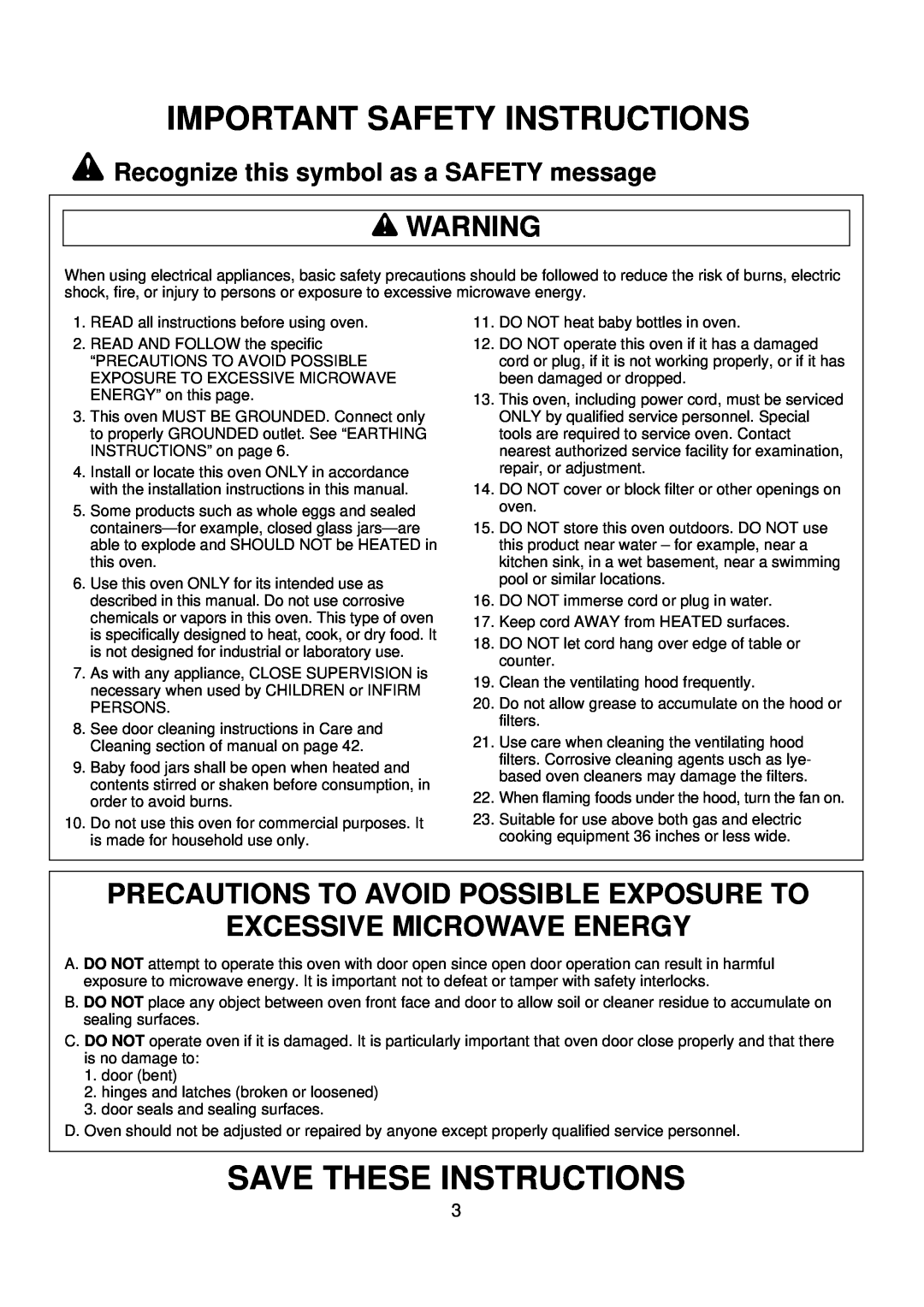 Amana ACO1520A Important Safety Instructions, Save These Instructions, Precautions To Avoid Possible Exposure To, wWARNING 