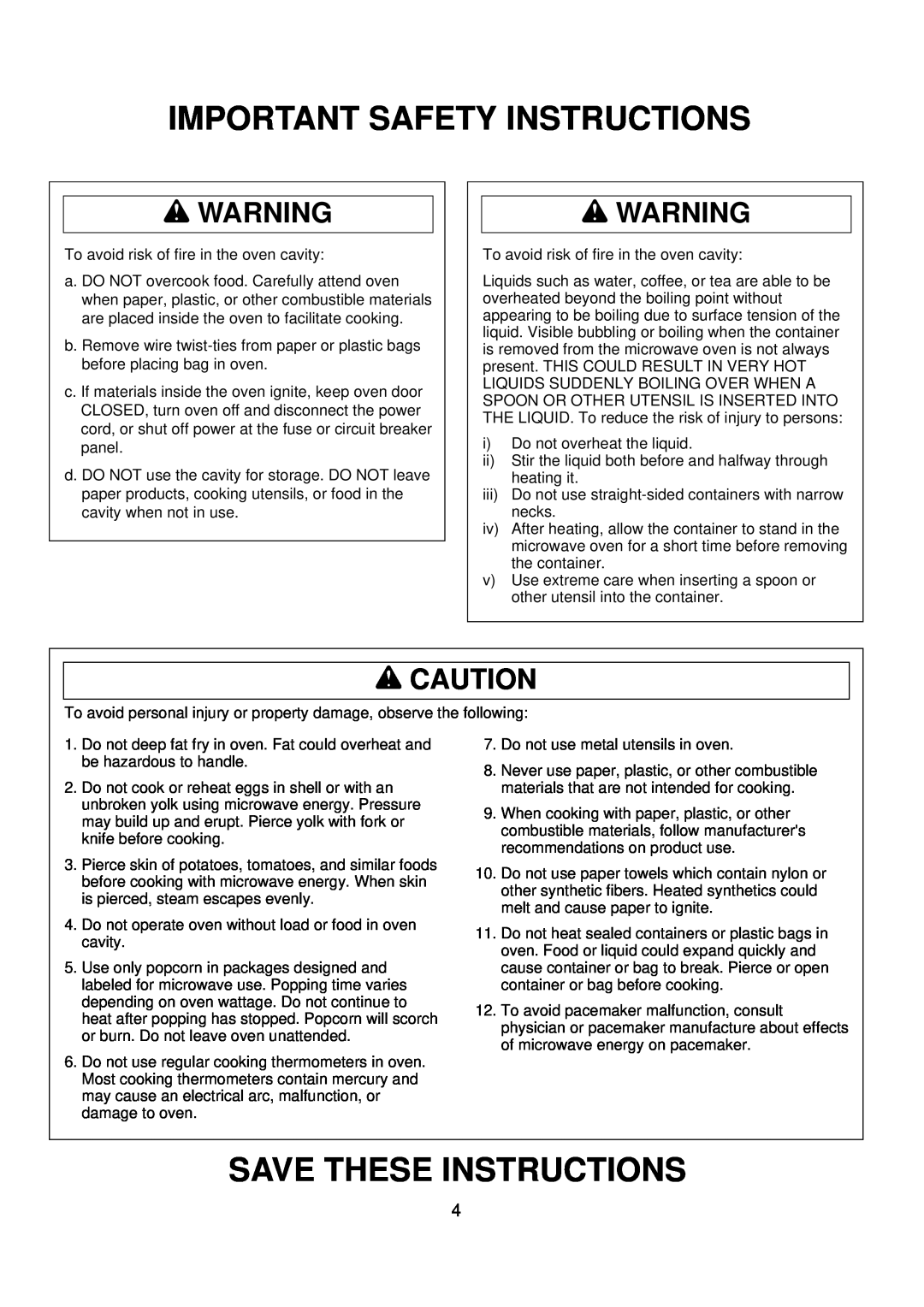 Amana ACO1520A important safety instructions w CAUTION, Important Safety Instructions, Save These Instructions, wWARNING 