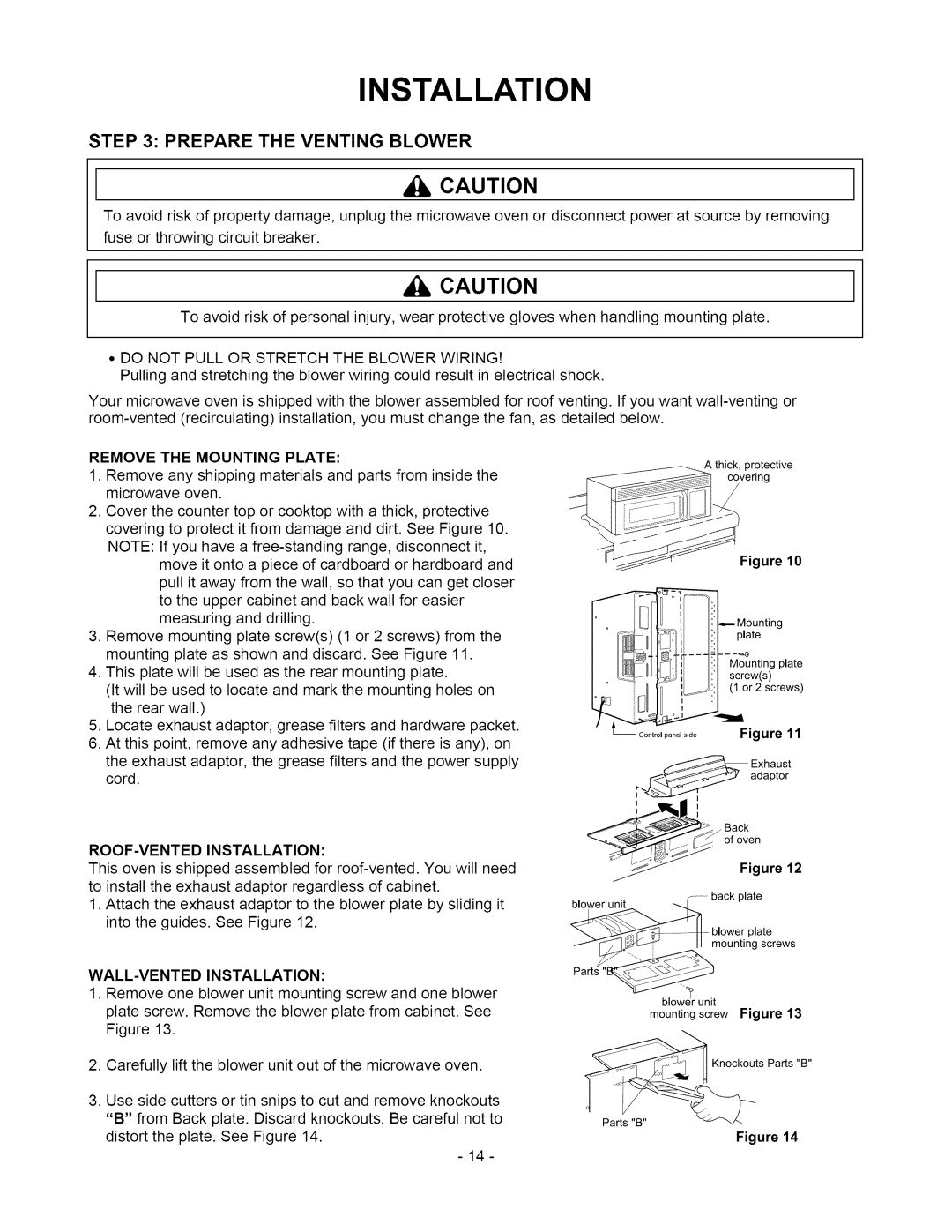 Amana ACO1860A owner manual Prepare the Venting Blower, Do not Pull or Stretch the Blower Wiring, Remove the Mounting Plate 