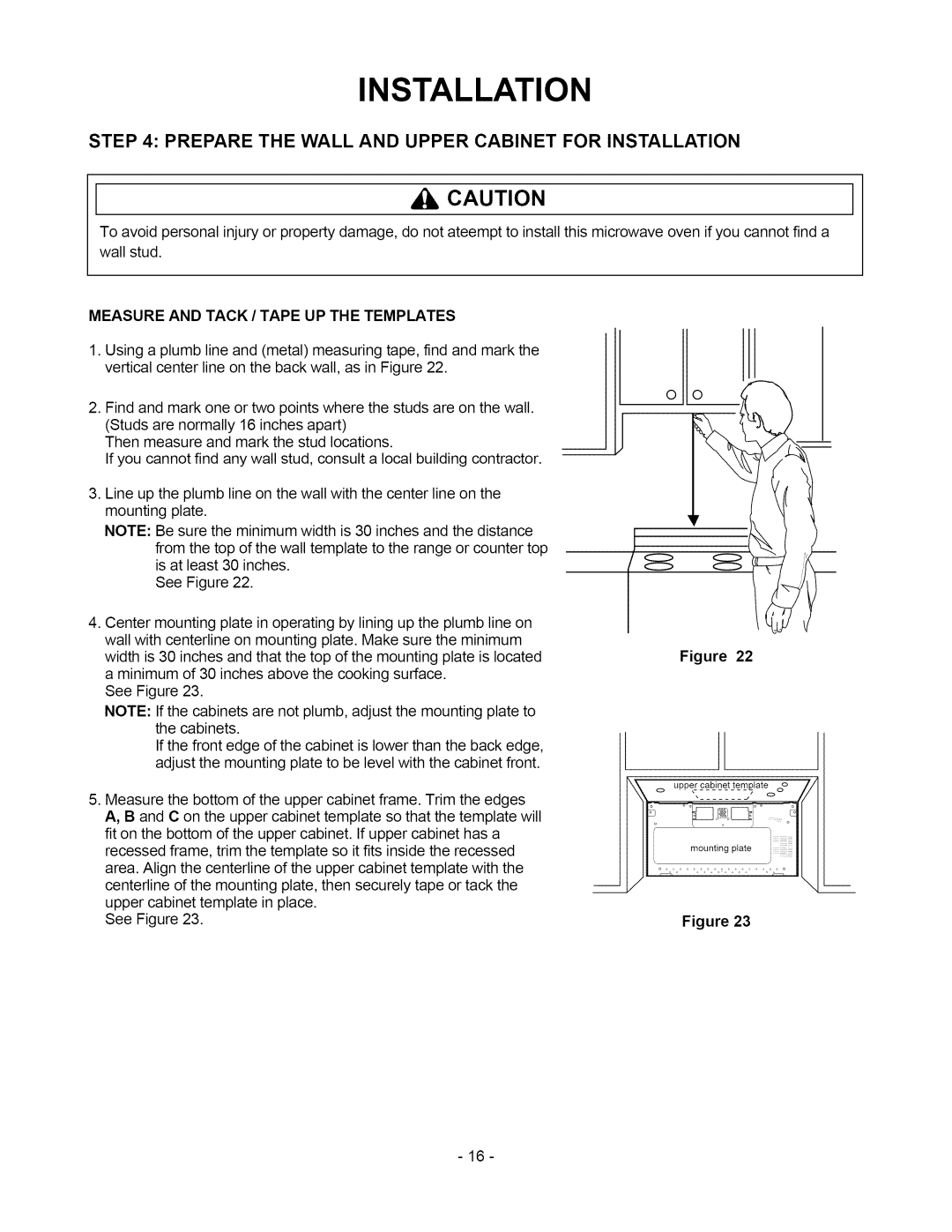 Amana ACO1860A owner manual Prepare the Wall and Upper Cabinet for Installation, Measure and Tack / Tape UP the Templates 