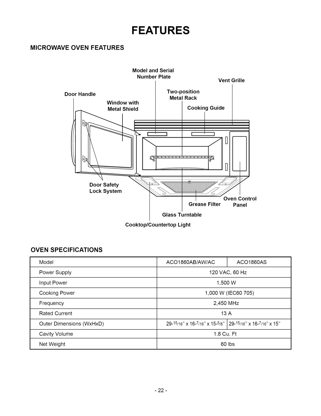 Amana owner manual Microwave Oven Features, Oven Specifications, ACO1860AB/AW/AC 