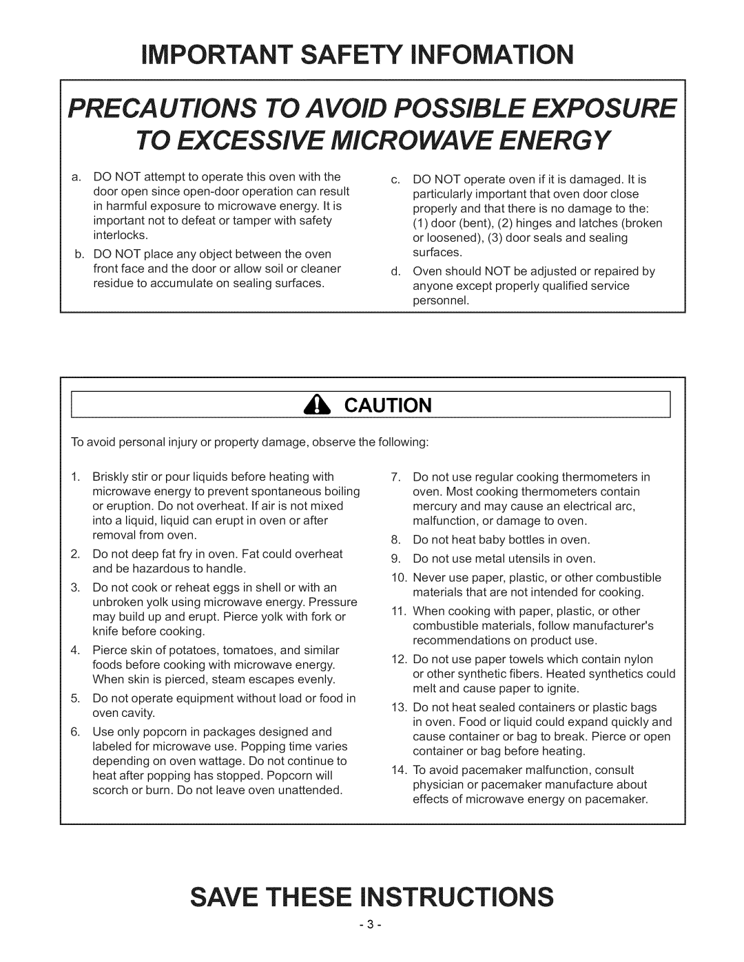 Amana ACO1860A owner manual IMPORTANT Safety Infomation 