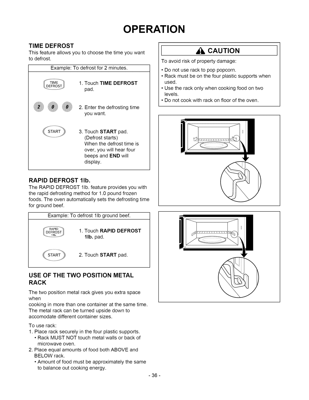 Amana ACO1860A owner manual USE of the TWO Position Metal Rack, Touch Time Defrost pad, Touch Rapid Defrost I lb. pad 