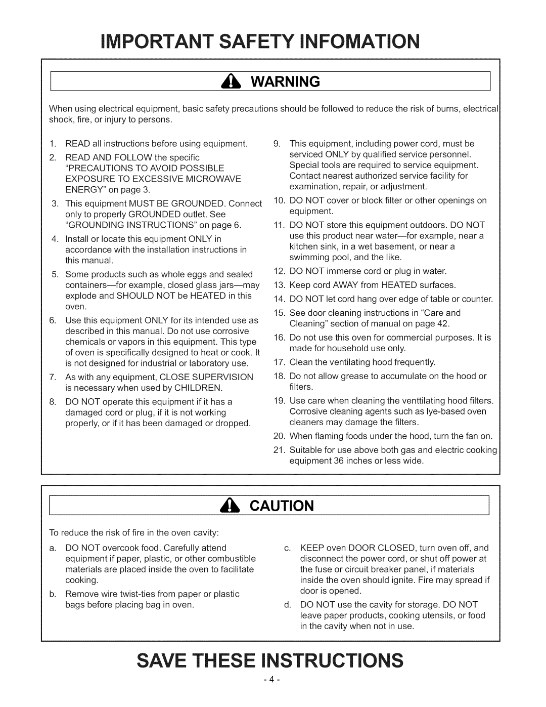 Amana ACO1860A owner manual IMPORTANT Safety Infomation 