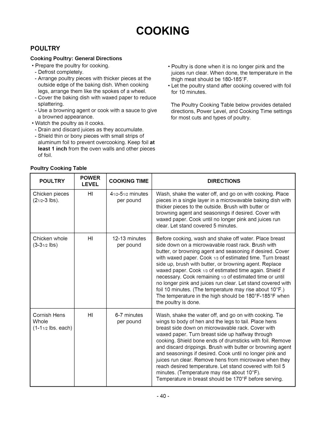 Amana ACO1860A owner manual Cooking Poultry General Directions, Poultry Power 