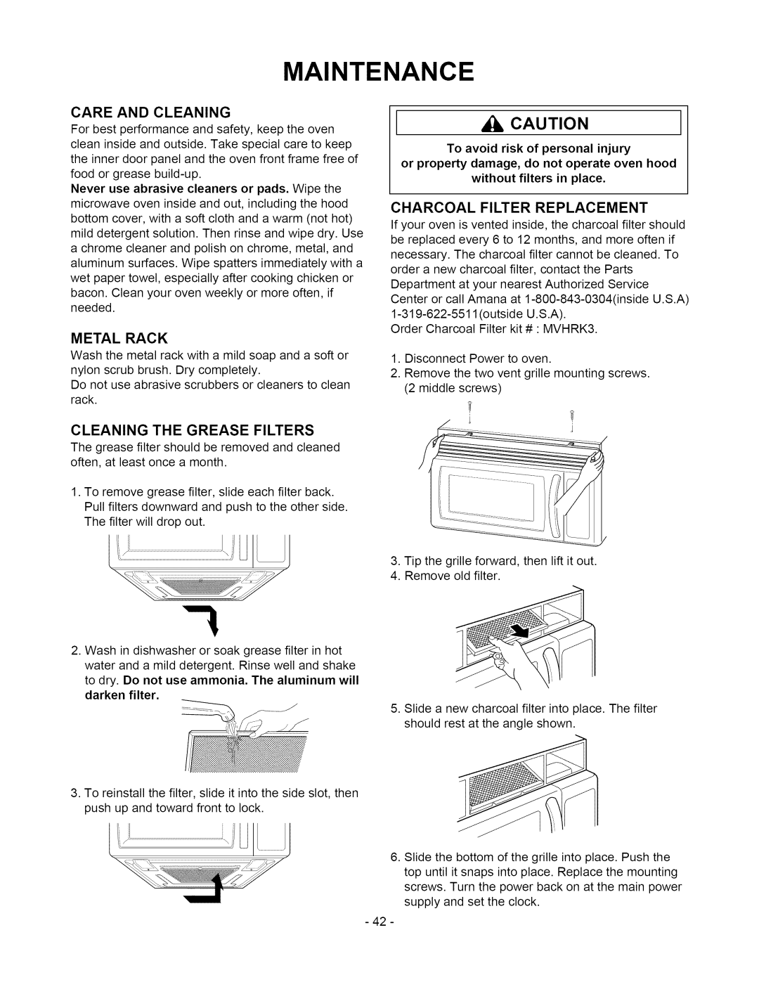 Amana ACO1860A Maintenance, Care and Cleaning, Metal Rack, Charcoal Filter Replacement, Cleaning the Grease Filters 