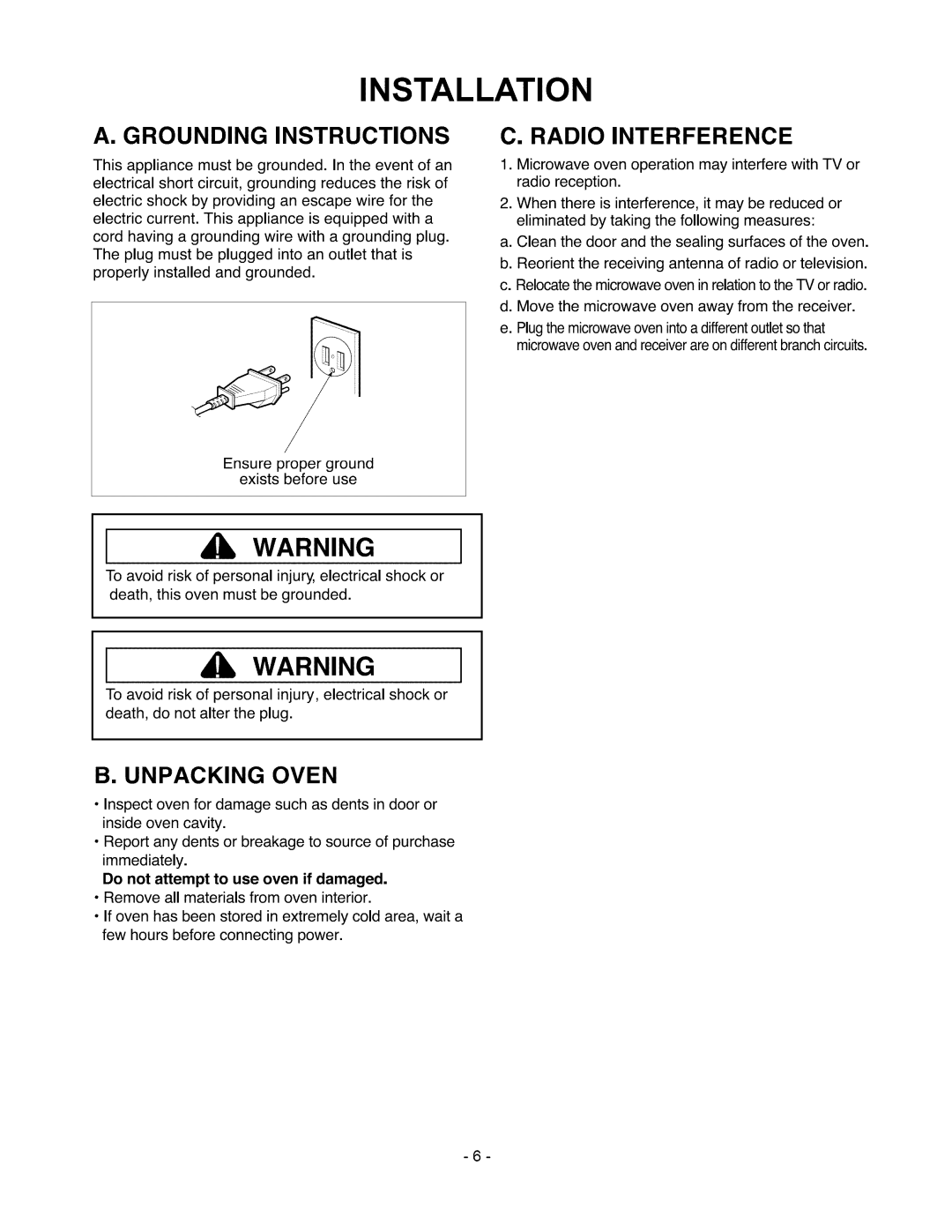 Amana ACO1860A owner manual Installation, To avoid risk of personal injury, electrical shock or 