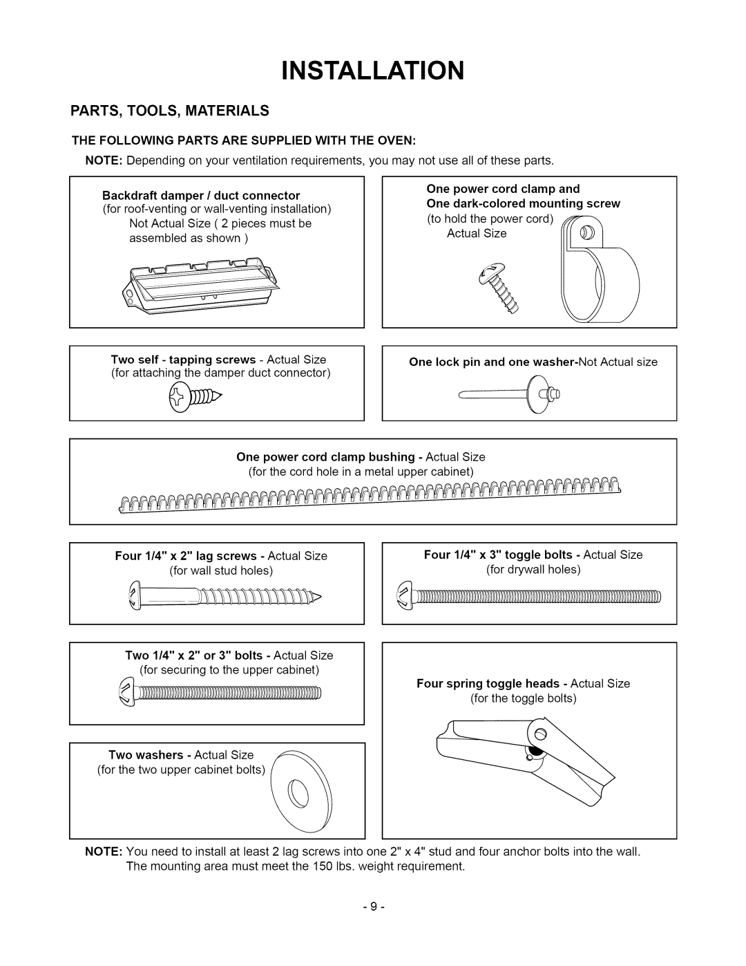 Amana ACO1860A PARTS, TOOLS, Materials, Following Parts are Supplied with the Oven, Backdraft damper / duct connector 