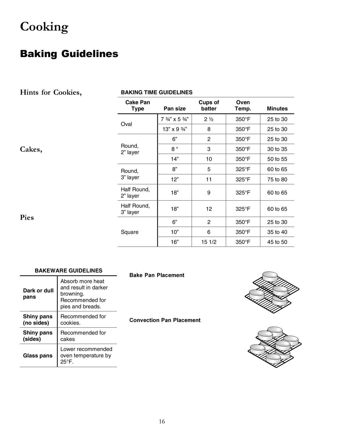 Amana ACS7270A, ACS7280A owner manual Cooking, Baking Guidelines, Hints for Cookies, Cakes, Pies 