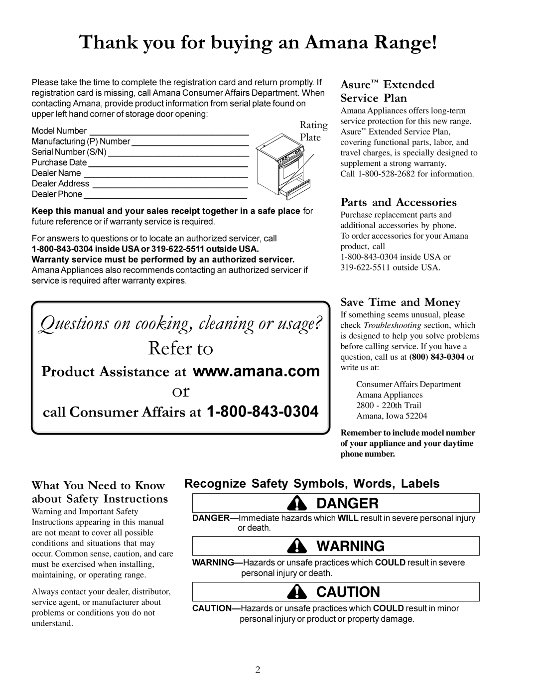 Amana ACS7270A, ACS7280A owner manual Thank you for buying an Amana Range, Call Consumer Affairs at 