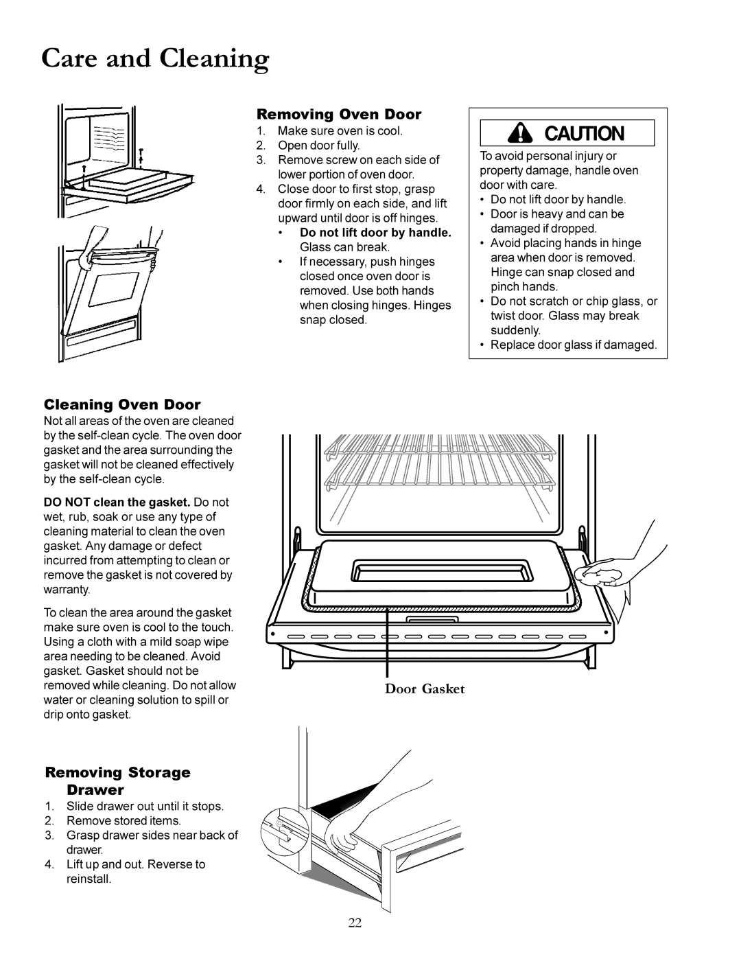 Amana ACS7270A, ACS7280A owner manual Care and Cleaning, Removing Oven Door, Cleaning Oven Door, Removing Storage Drawer 