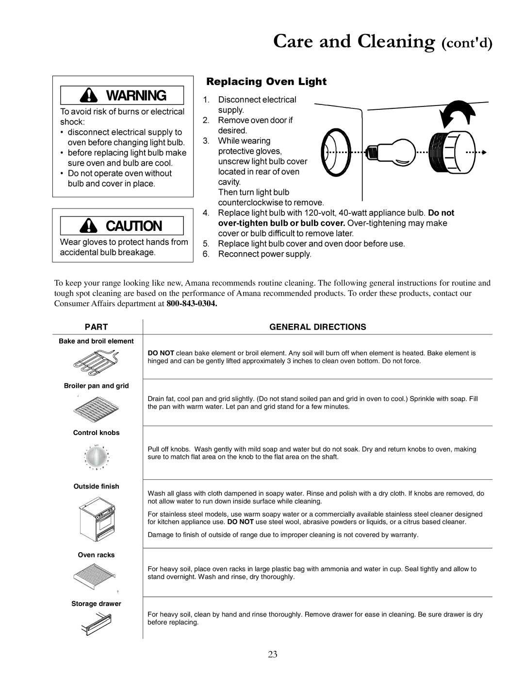 Amana ACS7280A, ACS7270A owner manual Care and Cleaning contd, Replacing Oven Light, Part General Directions 