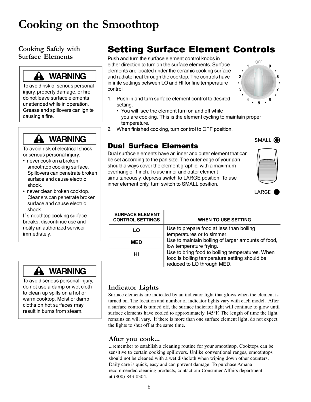 Amana ACS7270A Cooking on the Smoothtop, Setting Surface Element Controls, Dual Surface Elements, Indicator Lights 