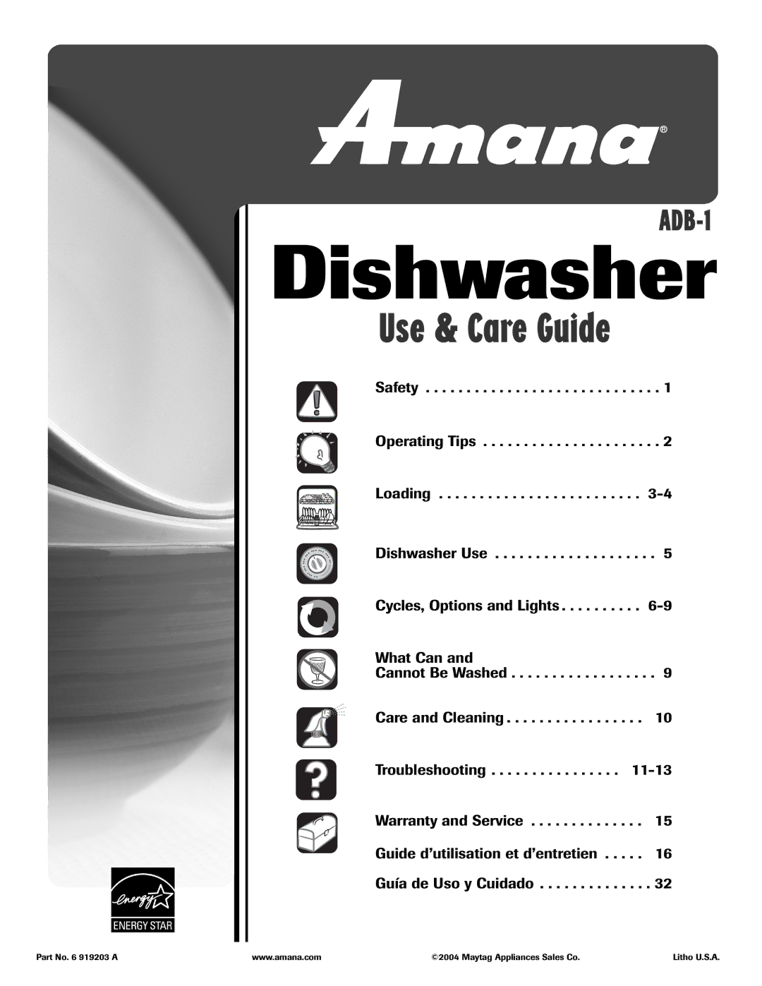 Amana ADB-1 warranty Dishwasher 