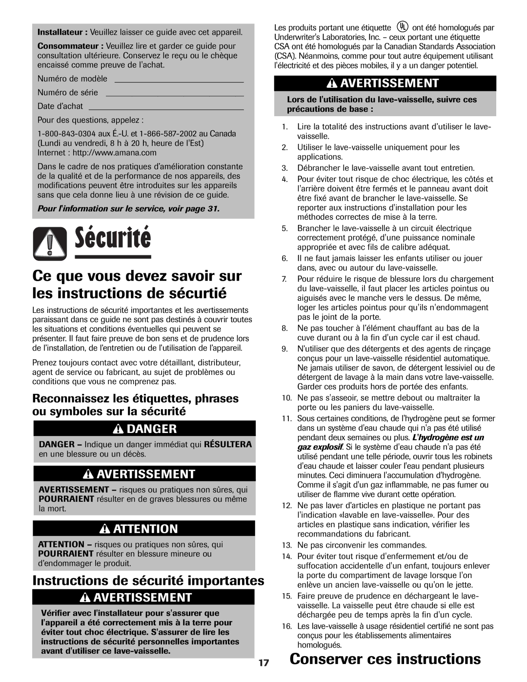 Amana ADB-1 warranty Sécurité, Ce que vous devez savoir sur les instructions de sécurtié, Conserver ces instructions 