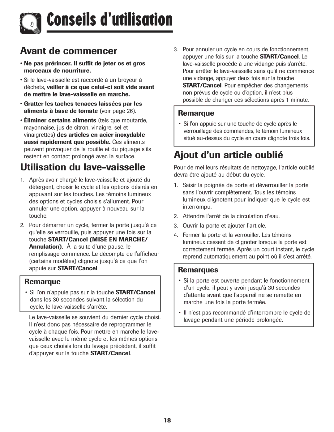 Amana ADB-1 warranty Conseils dutilisation, Avant de commencer, Utilisation du lave-vaisselle, Ajout d’un article oublié 