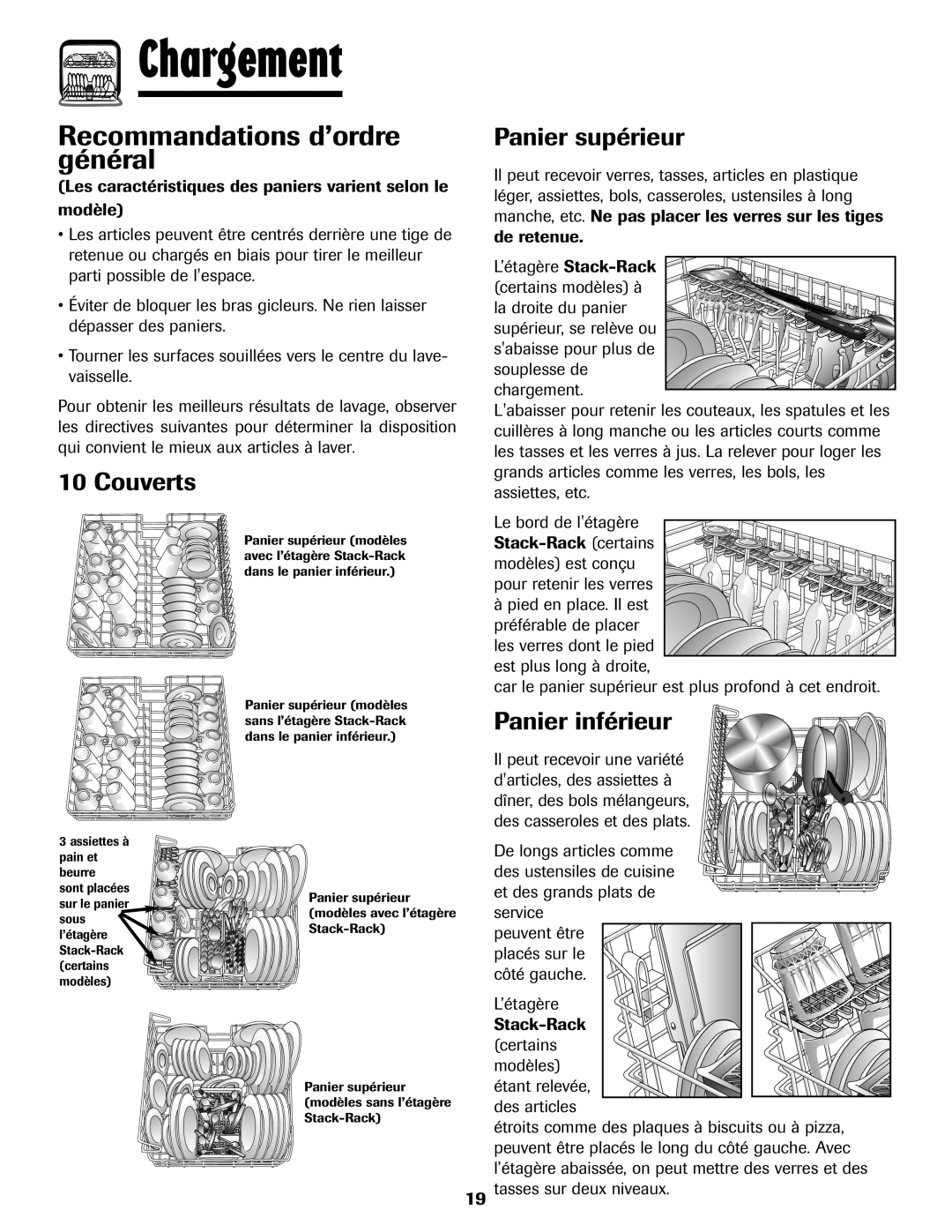 Amana ADB-1 warranty Recommandations d’ordre général, Couverts, Panier supérieur, Panier inférieur, Tasses sur deux niveaux 