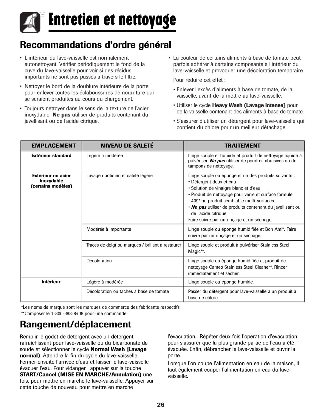 Amana ADB-1 warranty Entretien et nettoyage, Rangement/déplacement, Emplacement Niveau DE Saleté Traitement 