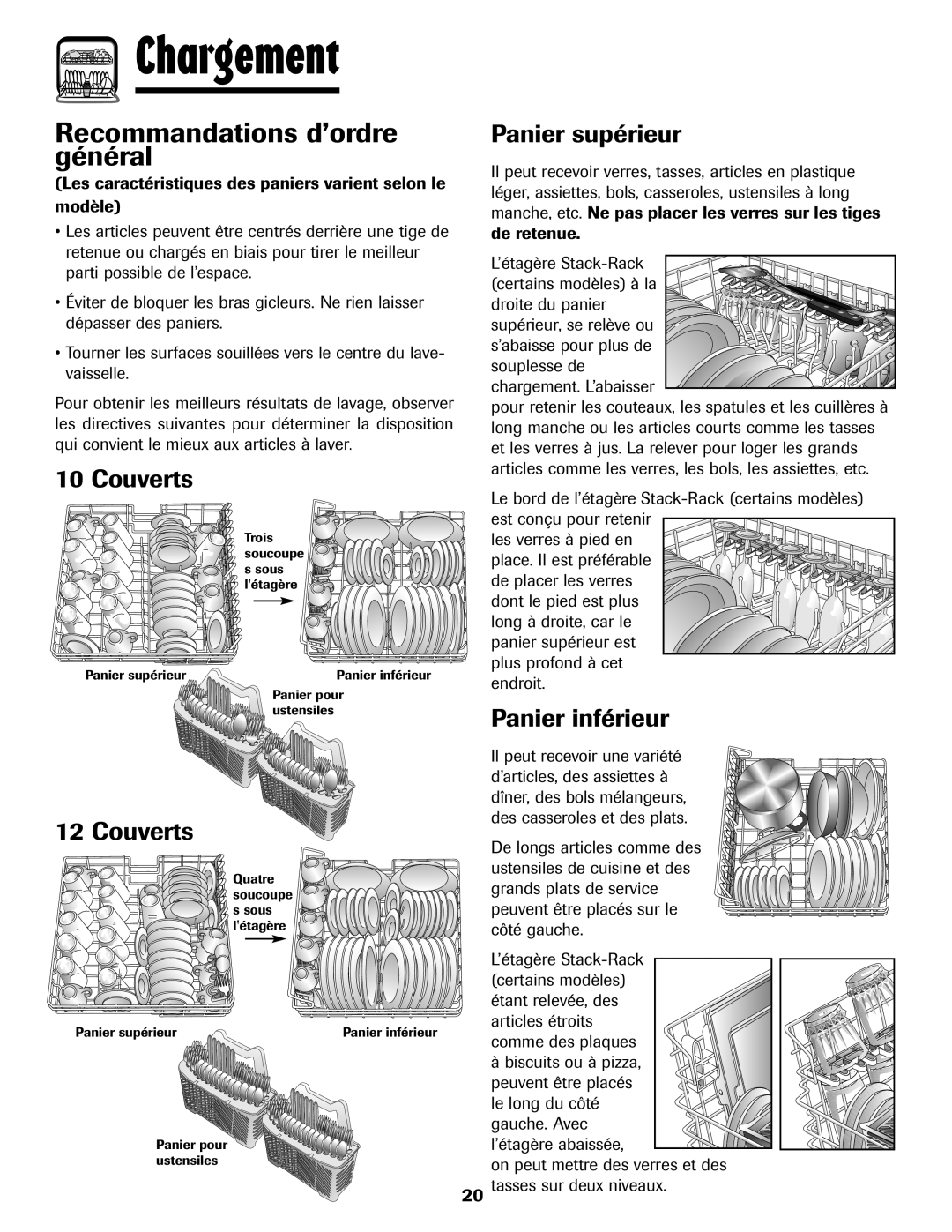 Amana ADB-2 warranty Recommandations d’ordre général, Couverts, Panier supérieur, Panier inférieur 