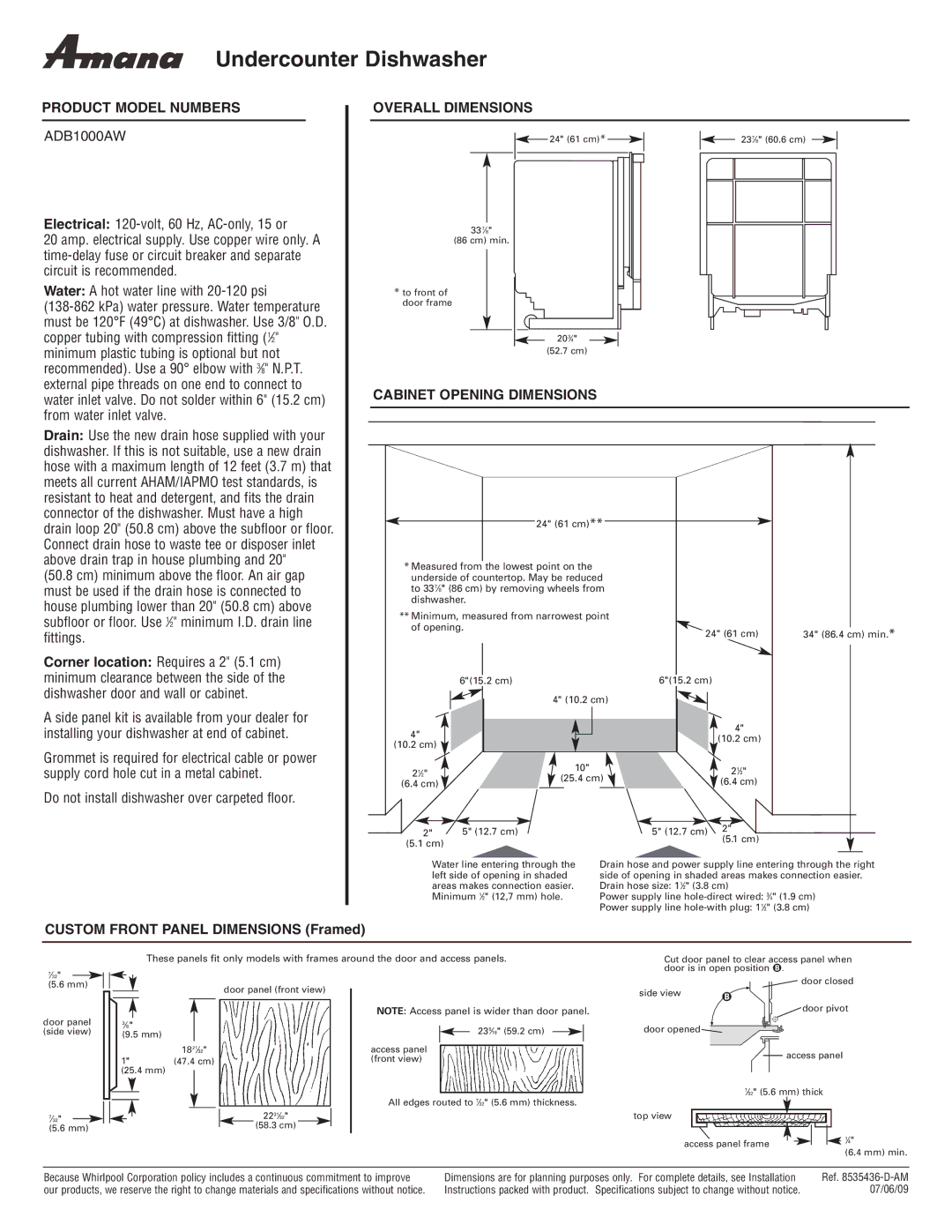 Amana ADB1000AW dimensions Undercounter Dishwasher, Product Model Numbers Overall Dimensions, Cabinet Opening Dimensions 